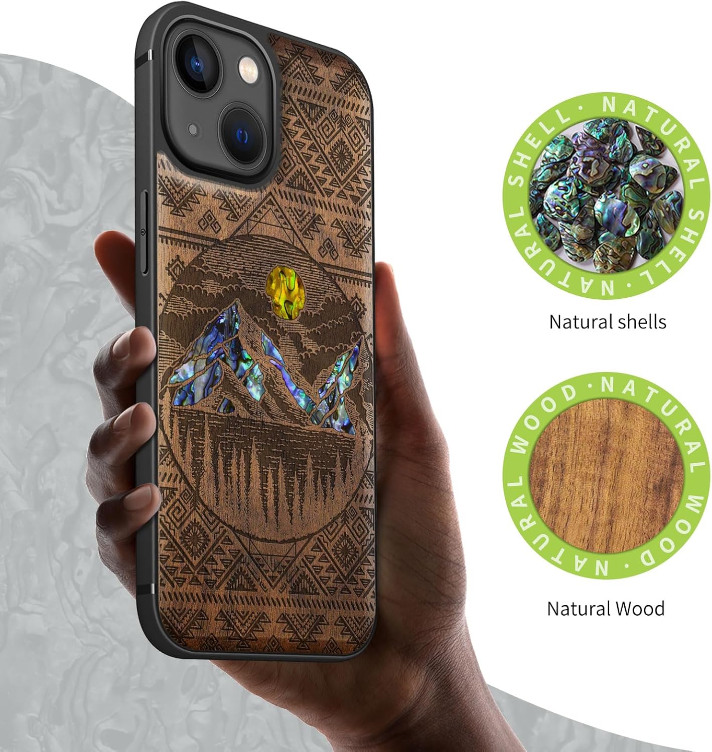 Carveit Designer Wooden Protective Case for iPhone 13 Mini Magnetic Cover [Wood Engraving & Shell Inlay] Compatible with 13 Mini MagSafe (Aztec Style Alpine Lakes-Walnut)