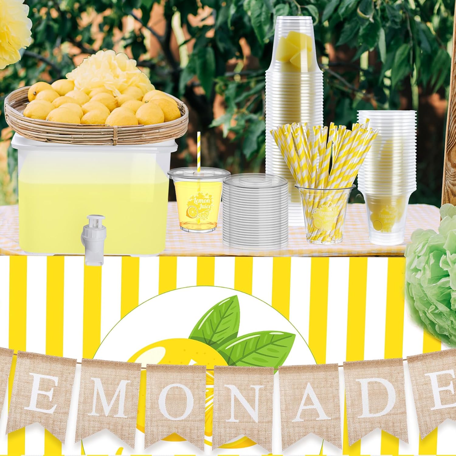 103 Pcs Lemonade Stand Supplies Includes Burlap Banner Sign Stand Table Cover 50 Sets Lemonade Cups with Lids and Straws 5l Plastic Drink Dispenser Decorations Kit Supplies