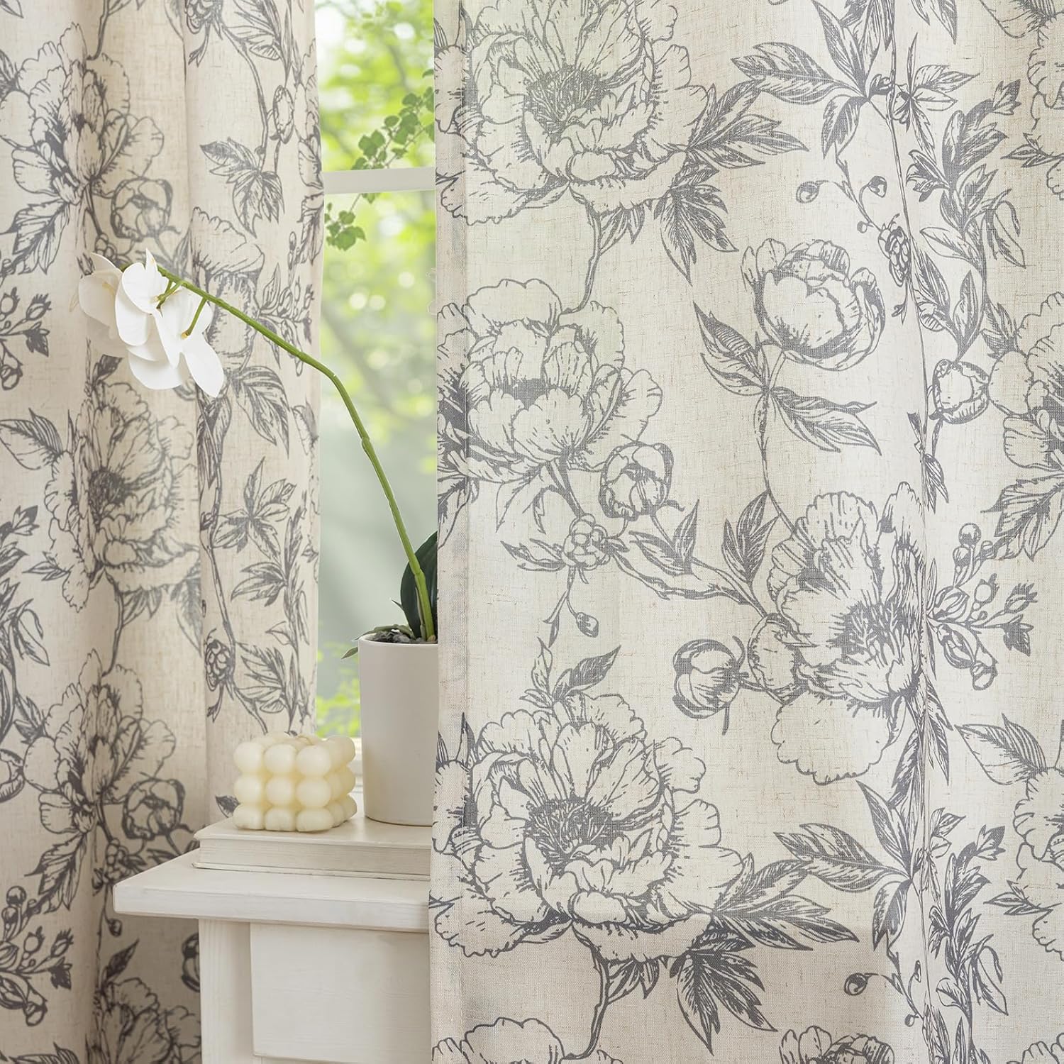 Taupe Floral Curtains for Living Room 72 Inches Long 2 Panels French Country Romantic Peony Patterned Vintage Farmhouse Linen Curtains Grommet Retro Window Treatments,50" W X 72" L