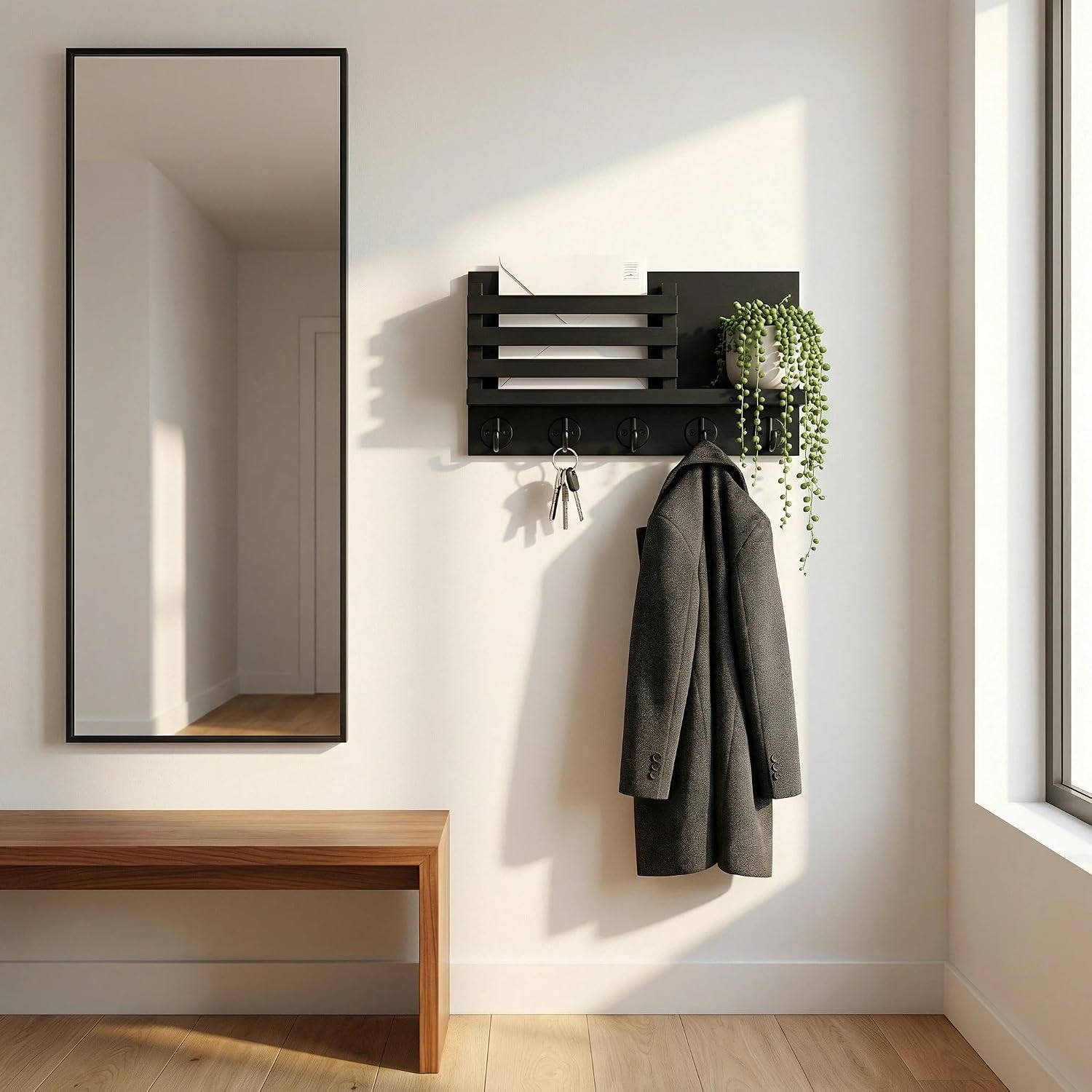 Wall Key Hook, Mail Organizer with 5 Metal Key Hooks, Decorative Key Rack Wall Mount, Tung Wood, 11.8 x 6.7 inches, Includes mounting Hardware (Black)