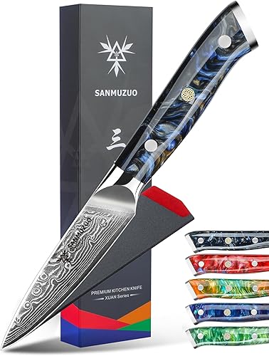 Miniatura 6 de SANMUZUO Cuchillo de pelar de 35 pulgadas cuchillo de cocina para frutas y verduras mango de acero de Damasco y resina - Serie Xuan naranja fantasía