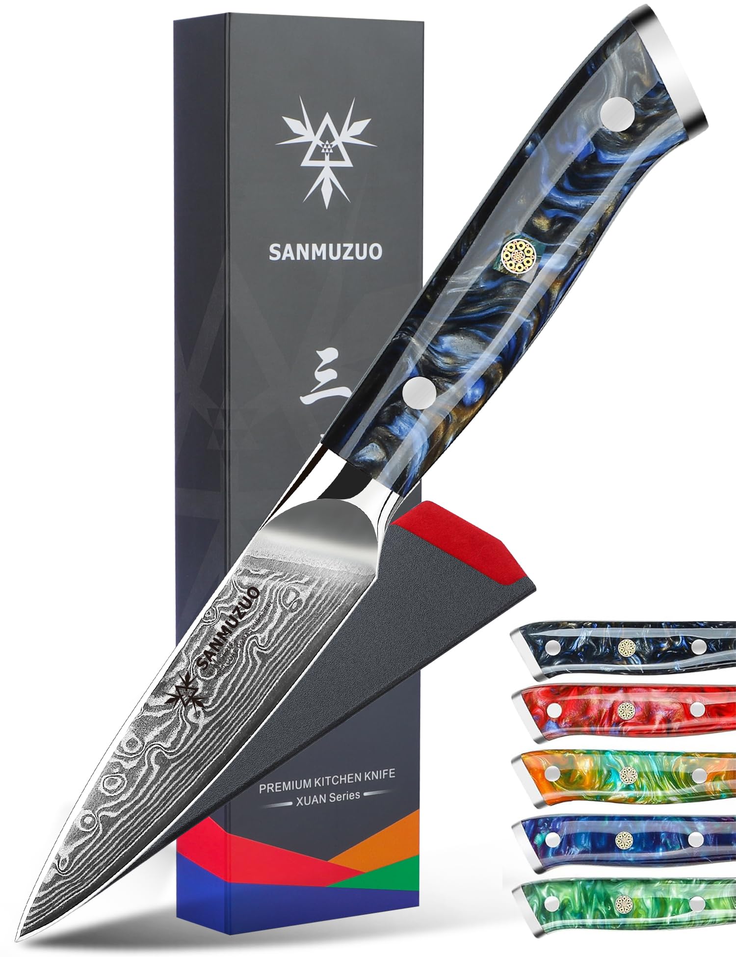 Coltelli per Frutta e Verdura Damasco - Coltello da Cucina 9 cm, Coltelli per Sbucciare di Acciaio Damasco da 67 Strati- Impugnatura Resina - Xuan Series(Nero Stellato)