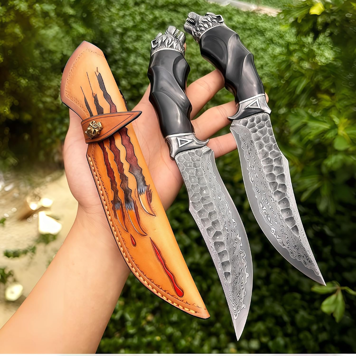 Damascus Knife, Personalized Engraving, 75-Layer Damascus Steel Folding Knife, HRC60, Vegetable Tanned Leather Sheath, Fixed Blade, Outdoor Gear, Camping Essentials, Gift Ideas for Men
