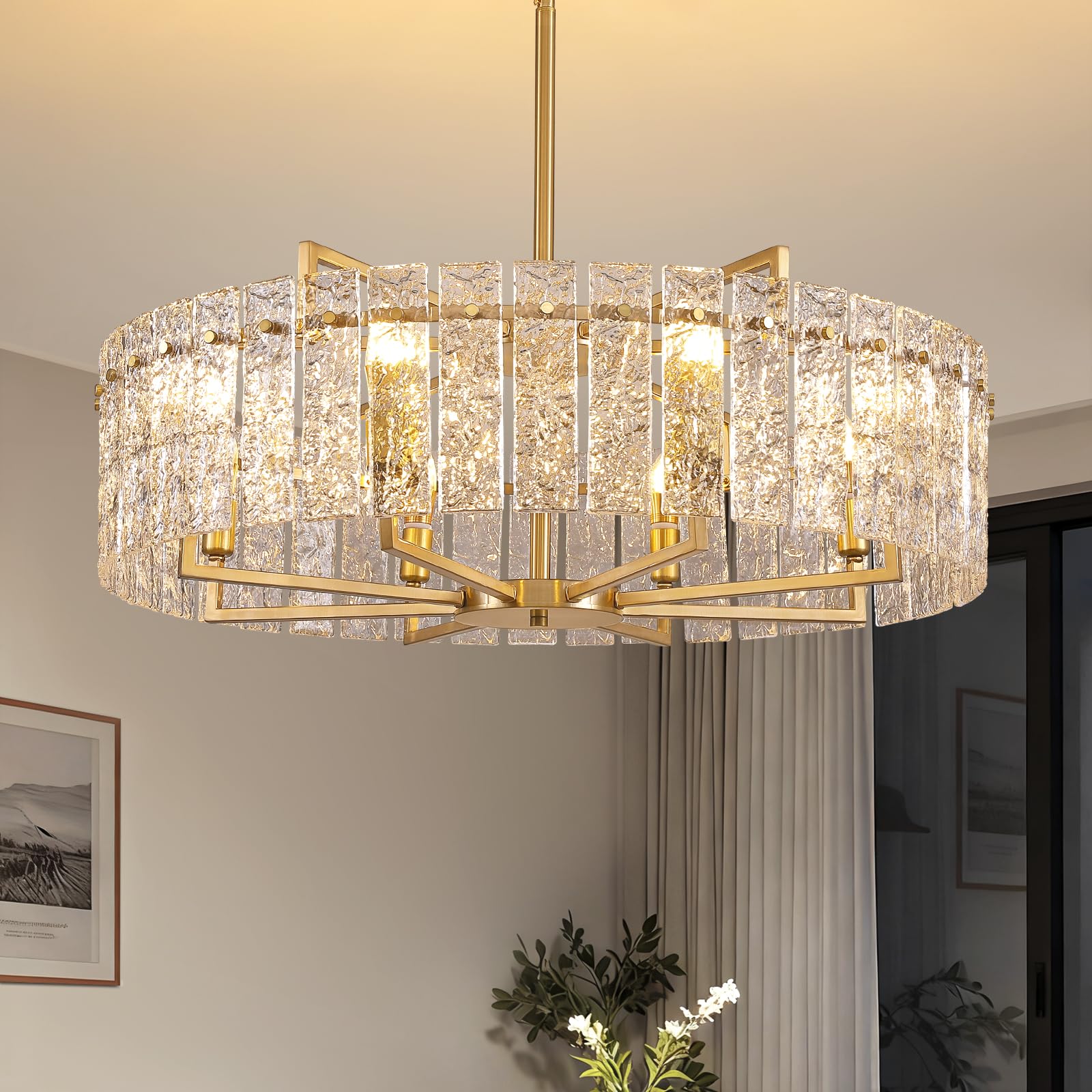 MOOONICHE 31.5" Modern Water Ripple Glass Chandeliers, Luxury 8-Light Round Drum Chandelier, Large Gold Pendant Lighting Fixtures for Living Room