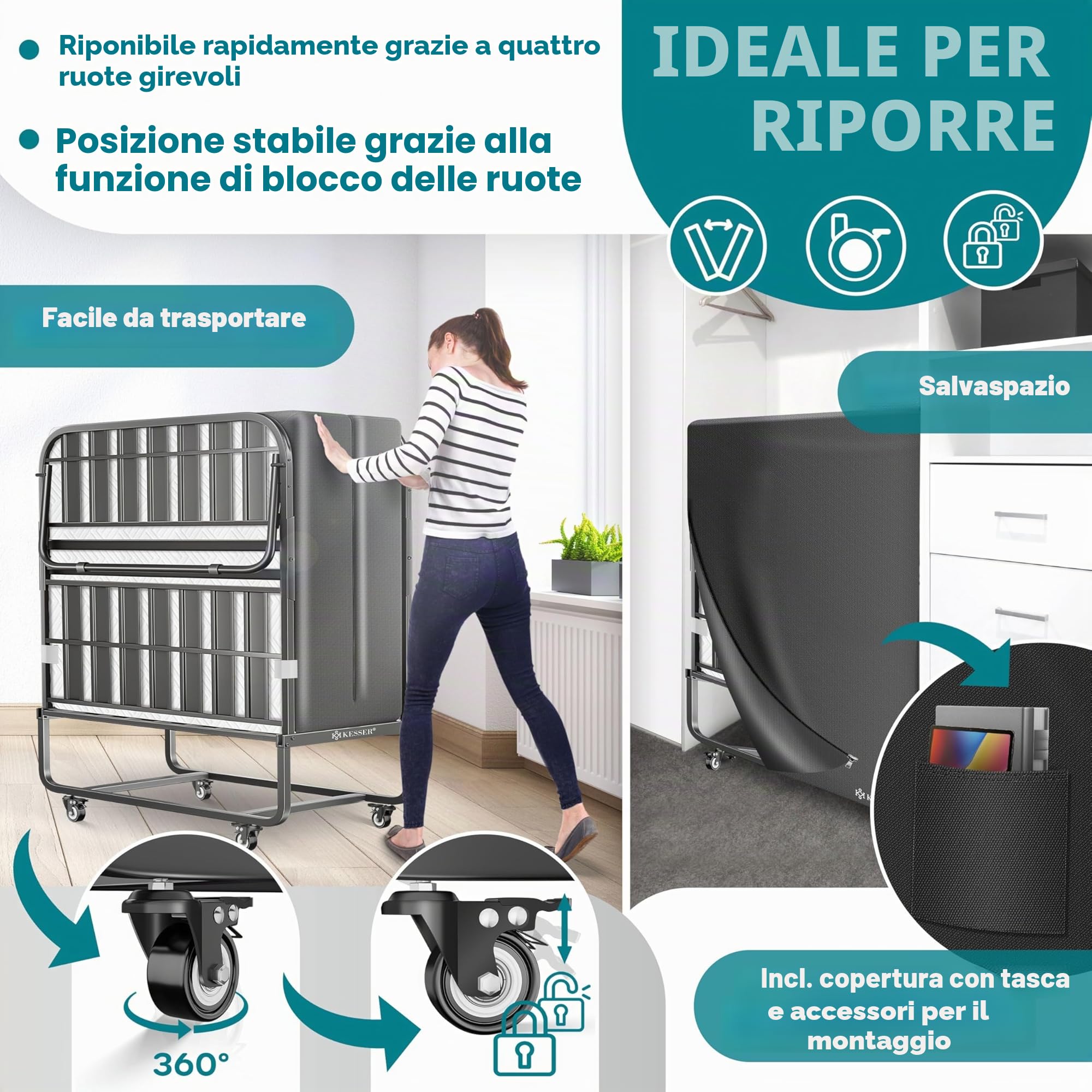 KESSER® Letto pieghevole 200 x 90 cm, con materasso in memory foam e ruote, letto da viaggio pieghevole in metallo, portata fino a 250 kg