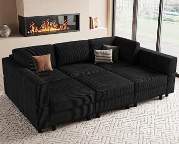 Modular Sectional Sofa 6 Seat Corduroy Sectional Sofa with Storage Ottoman, Comfy Modular Couch Sleeper Sofa Bed, Sectional Couches for Living Room, Black