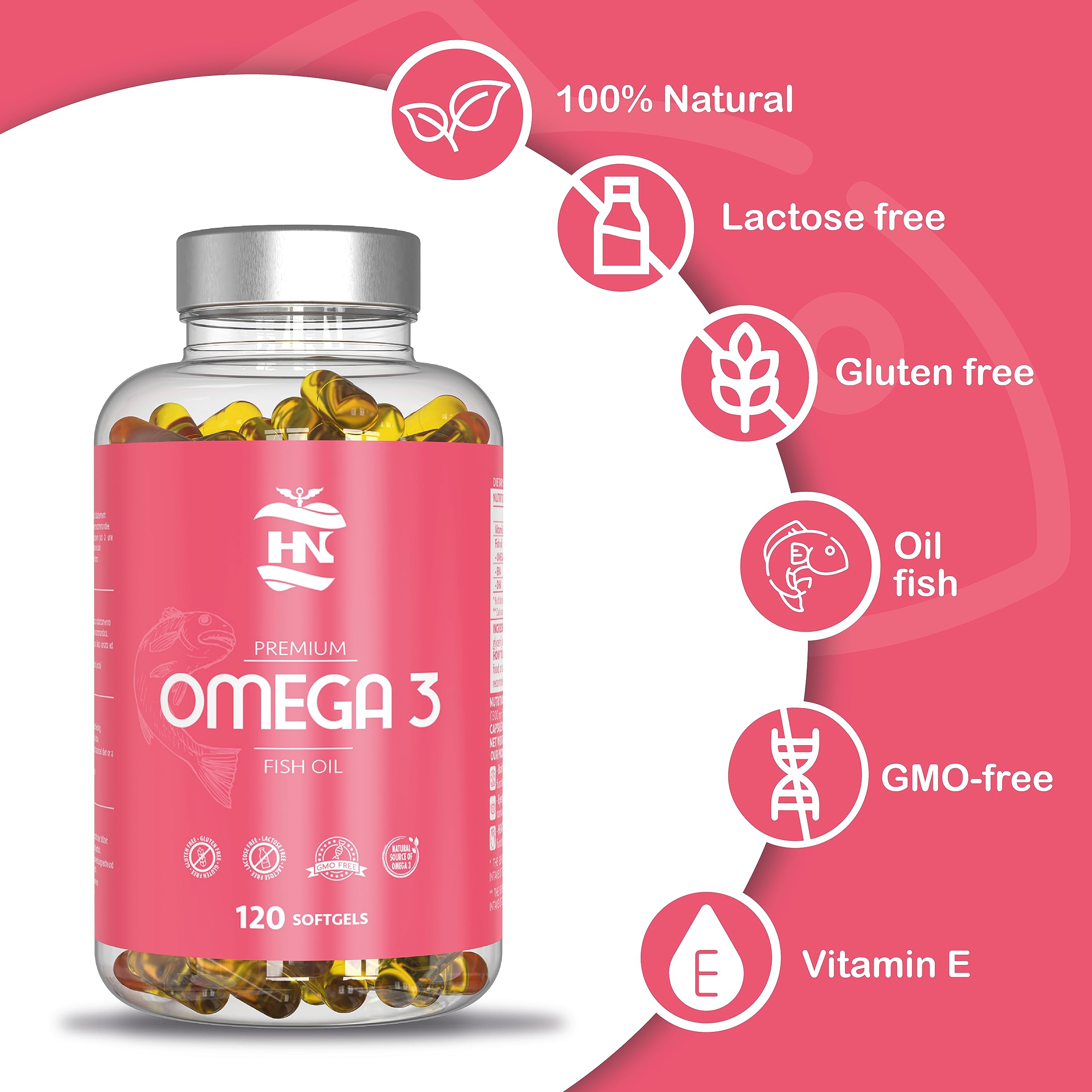 Omega 3 capsulas 1000mg - Fuente Ácidos Grasos de Aceite de Pescado – 500 mg DHA, 700 mg EPA y vitamina E – Para mantener el sistema cardiovascular y arterial saludable – 120 softgel (3 Botes)