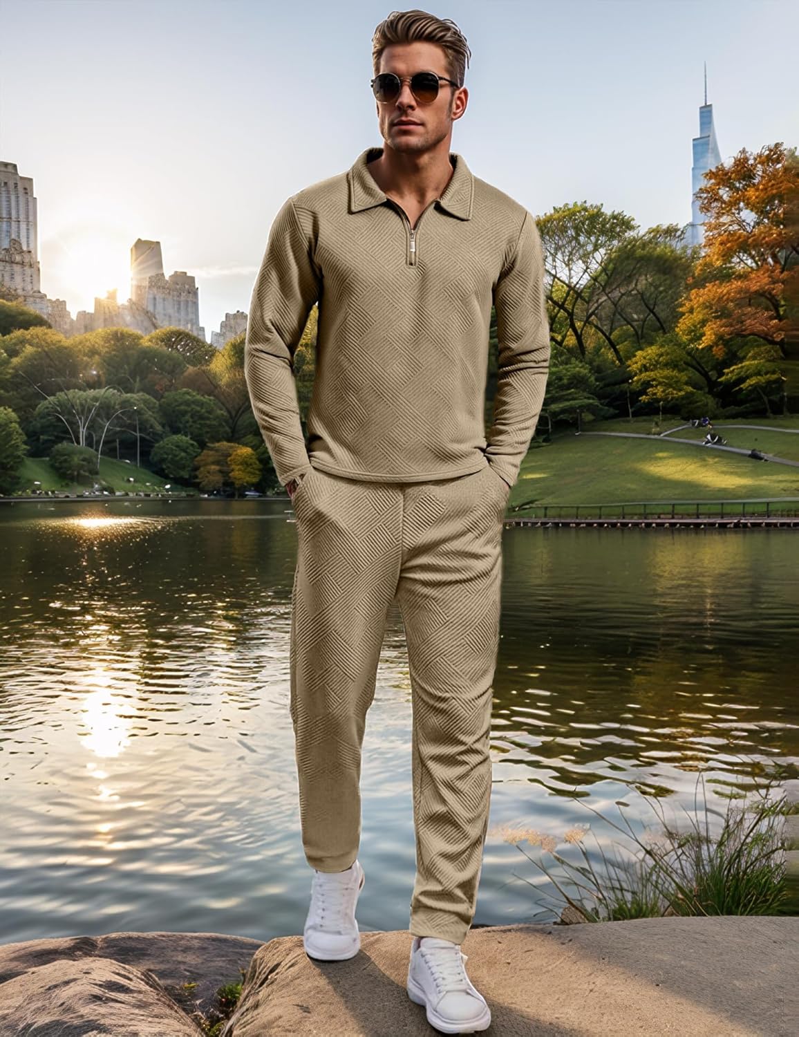 UOUA Mens 2 Piece Set Casual Outfits Polo Long Sleeve Shirt & Pants Tracksuit Loungewear Athletic Jogger Sweatsuit