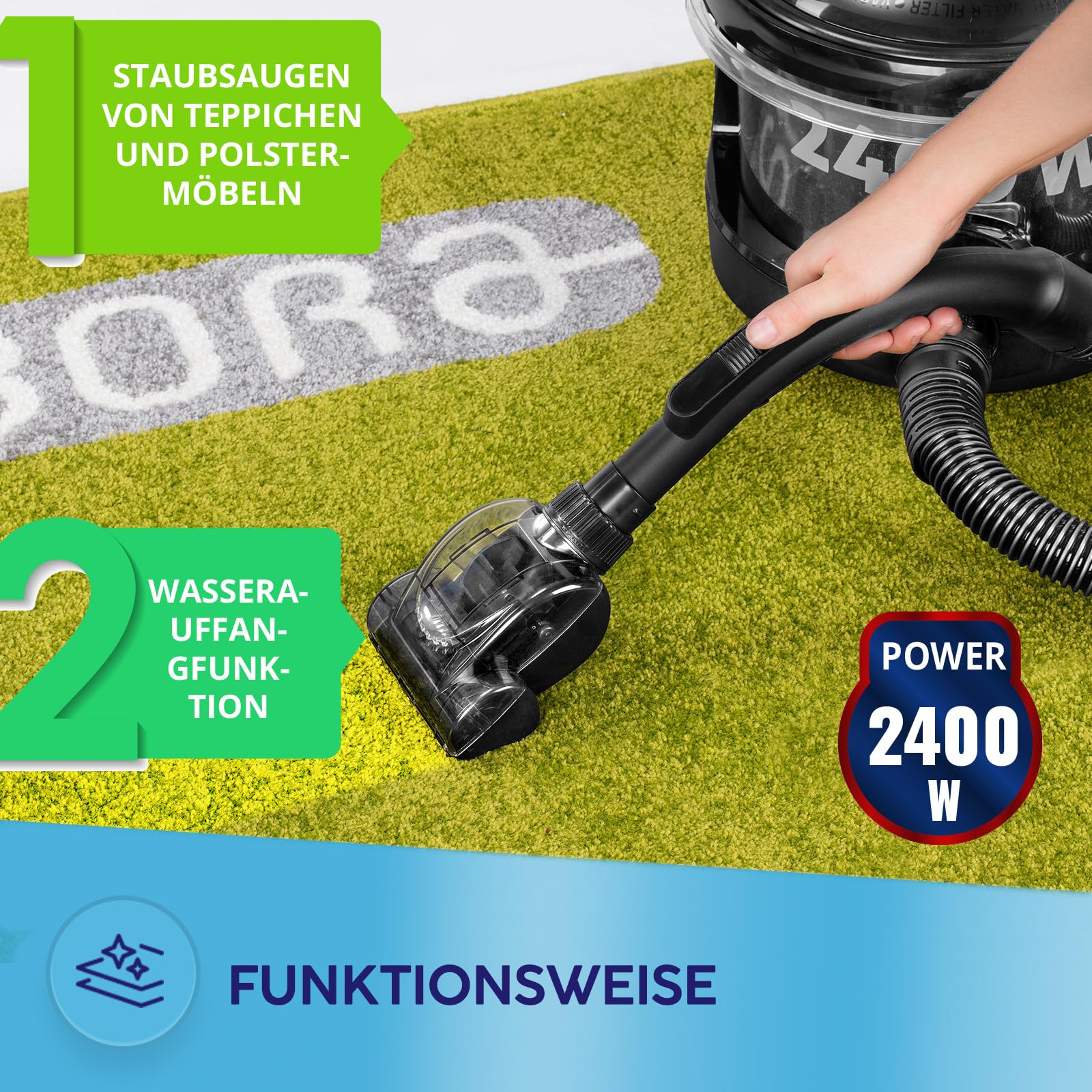 MPM - MOD-47 - Staubsauger mit Bora-Wasserfilter und Luftreiniger - für Allergiker - gegen Milben, Tierhaare - Nass- und Trockensauger, Bodenreiniger - Beutellos - 2400 W - Schwarz