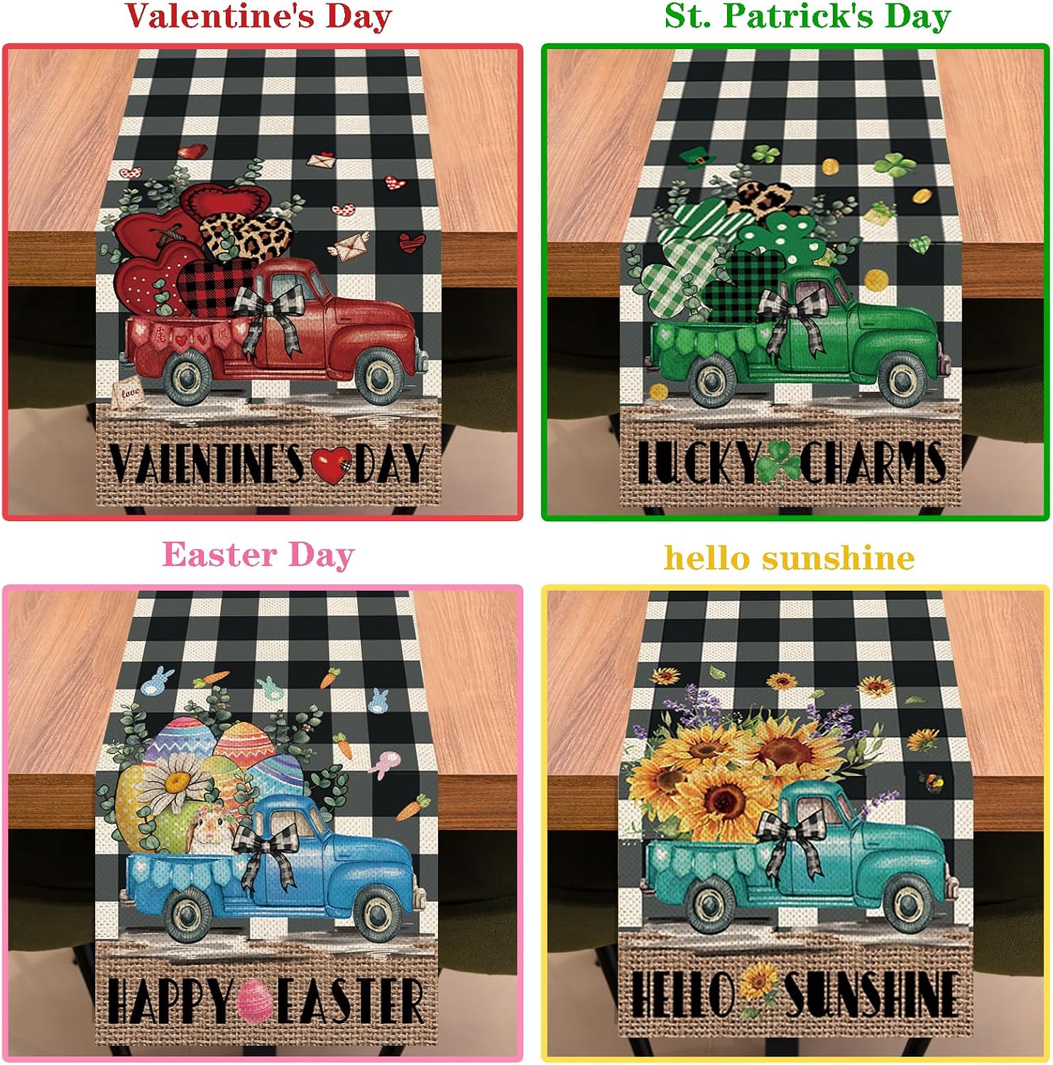 8 Pcs Truck Holiday Table Runners 72 Inches Long, Rustic Truck Fall Winter Halloween Christmas Burlap Table Runners, Car Buffalo Plaid Dining Table Decor for Farmhouse Garden Party Supplies