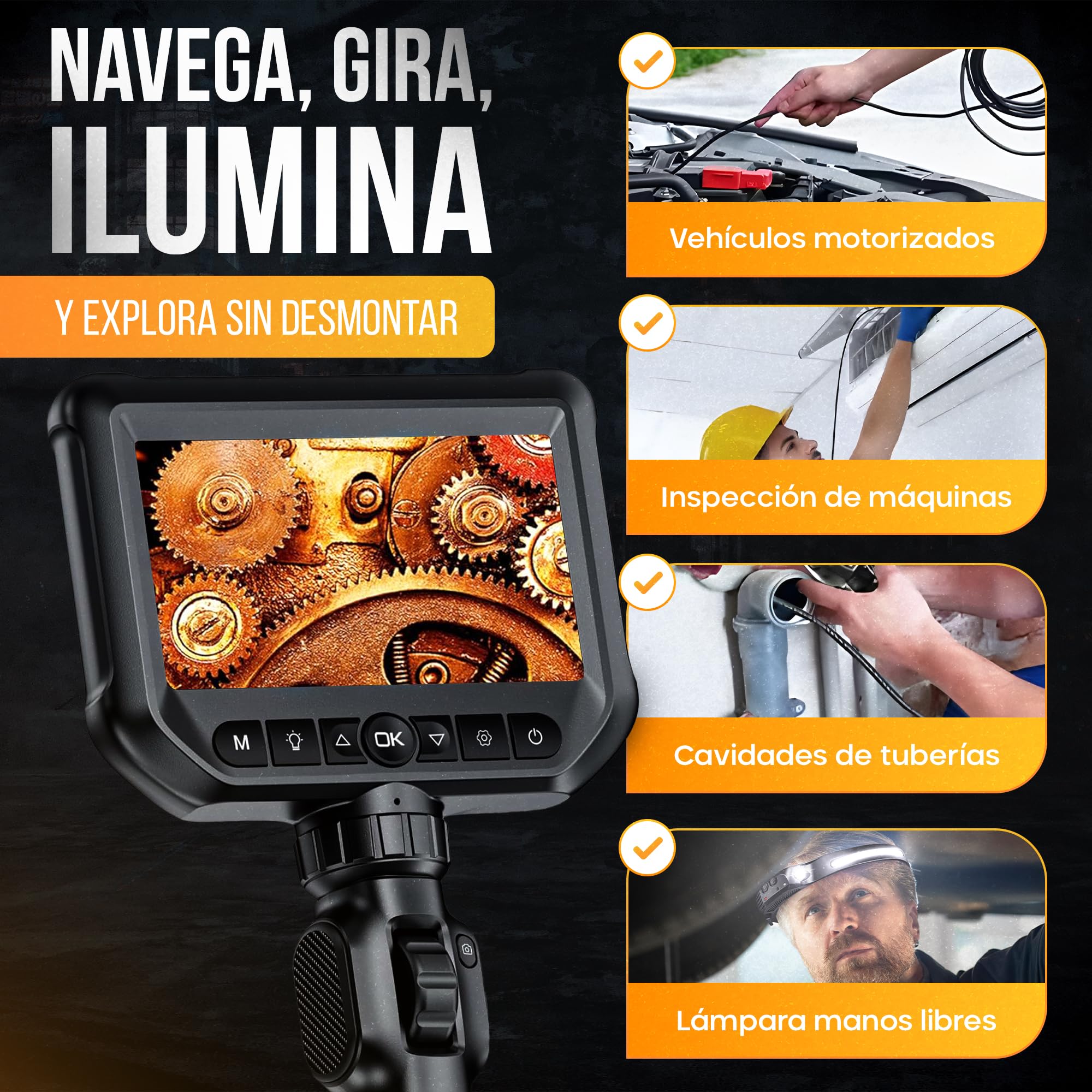 Valuefind Camara endoscopica Profesional Cabezal orientable a 360º endoscopio para inspeccion de tuberias/canalisacion mecanicos/fontaneros Cable de 1 m autofocus + lampara Frontal Manos Libres