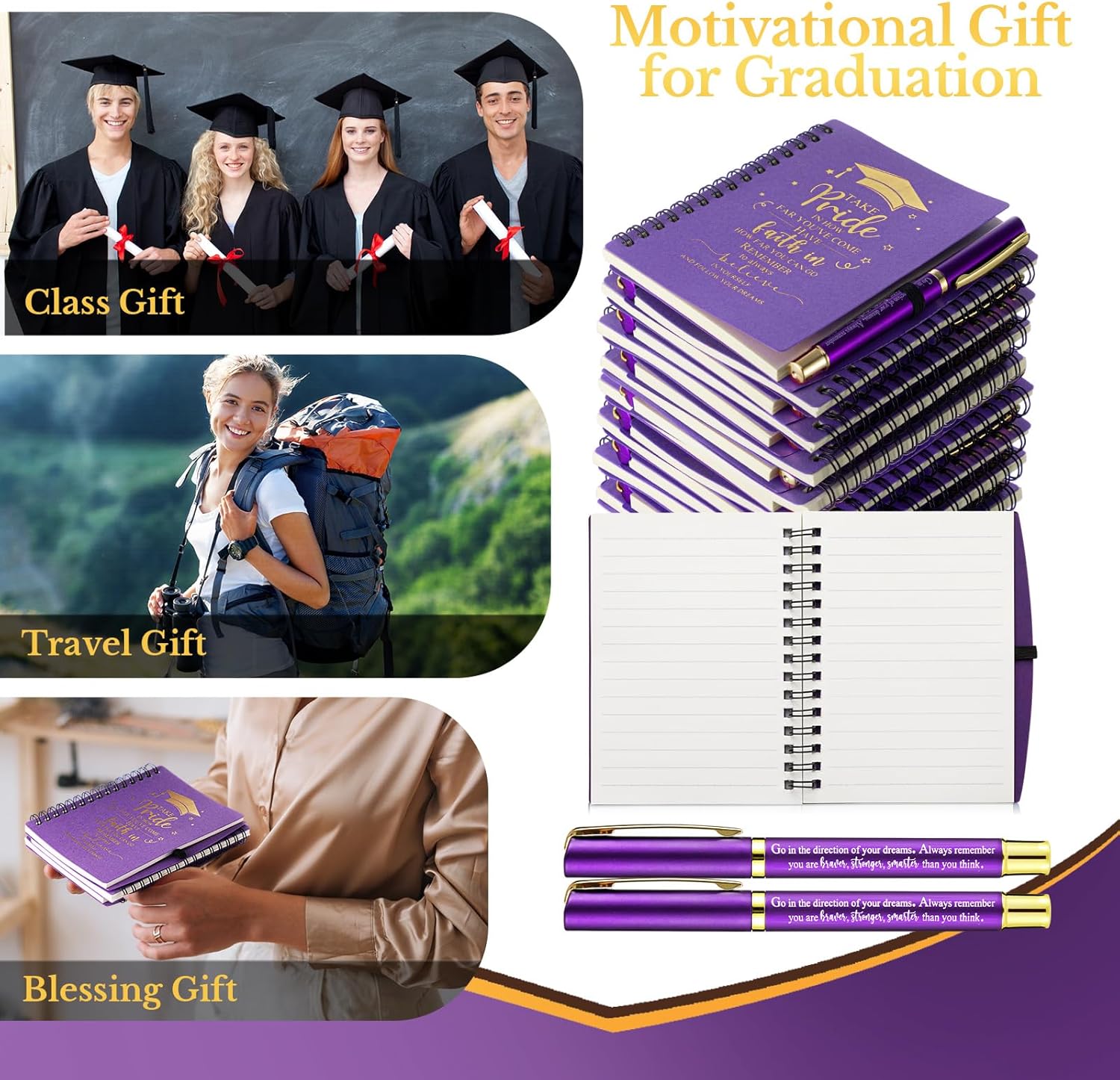 FillTouch 12 Sets 2026 Graduation Gifts Bulk Inspirational Spiral Journal with Motivational Pen Kraft Notebooks Class of 2026 Gifts for College Graduate (Purple)