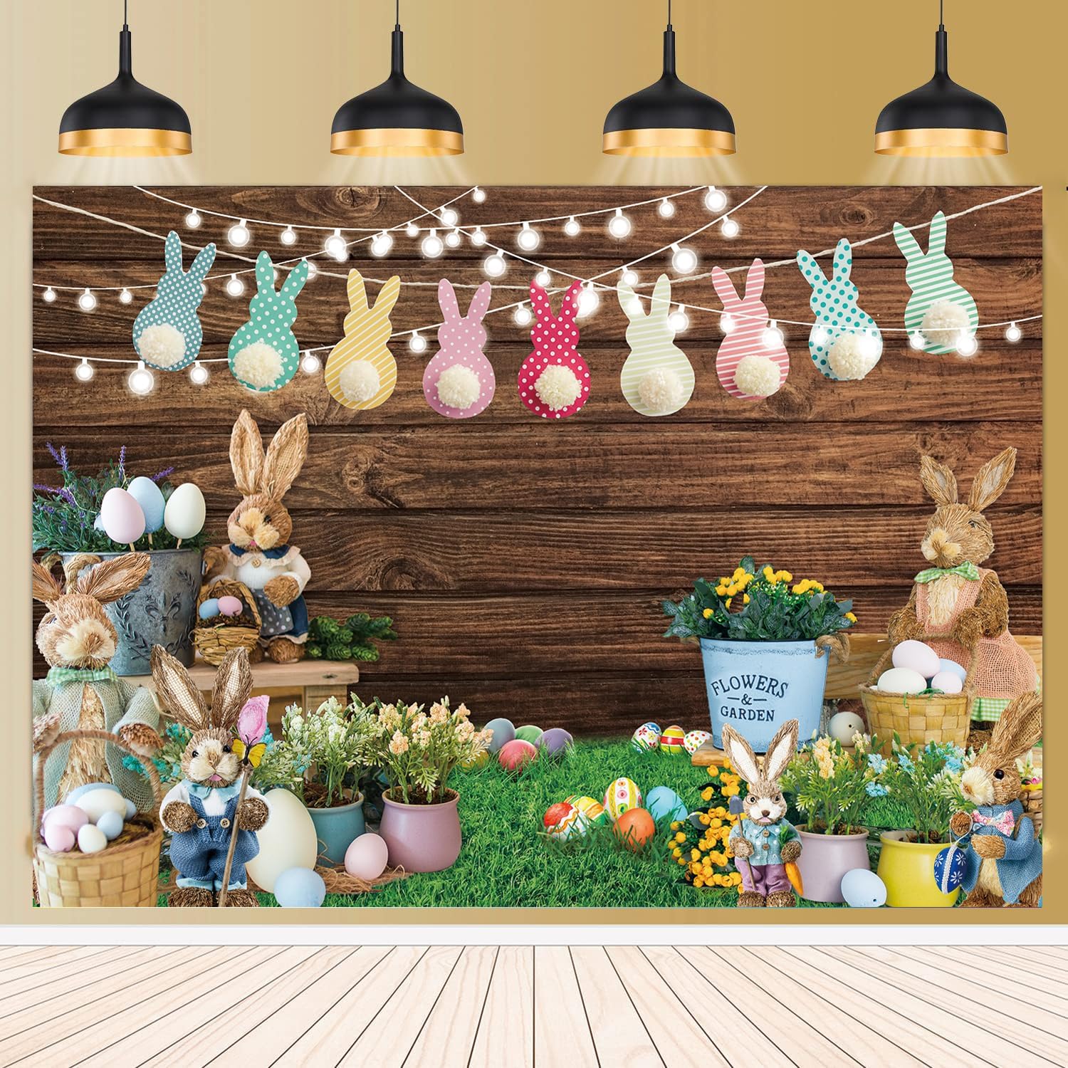 Easter Backdrop for Photography 10x8FT Spring Green Grass Flower Rabbit Egg Wooden Wall Background Easter Kids Newborn Portrait Photo Props