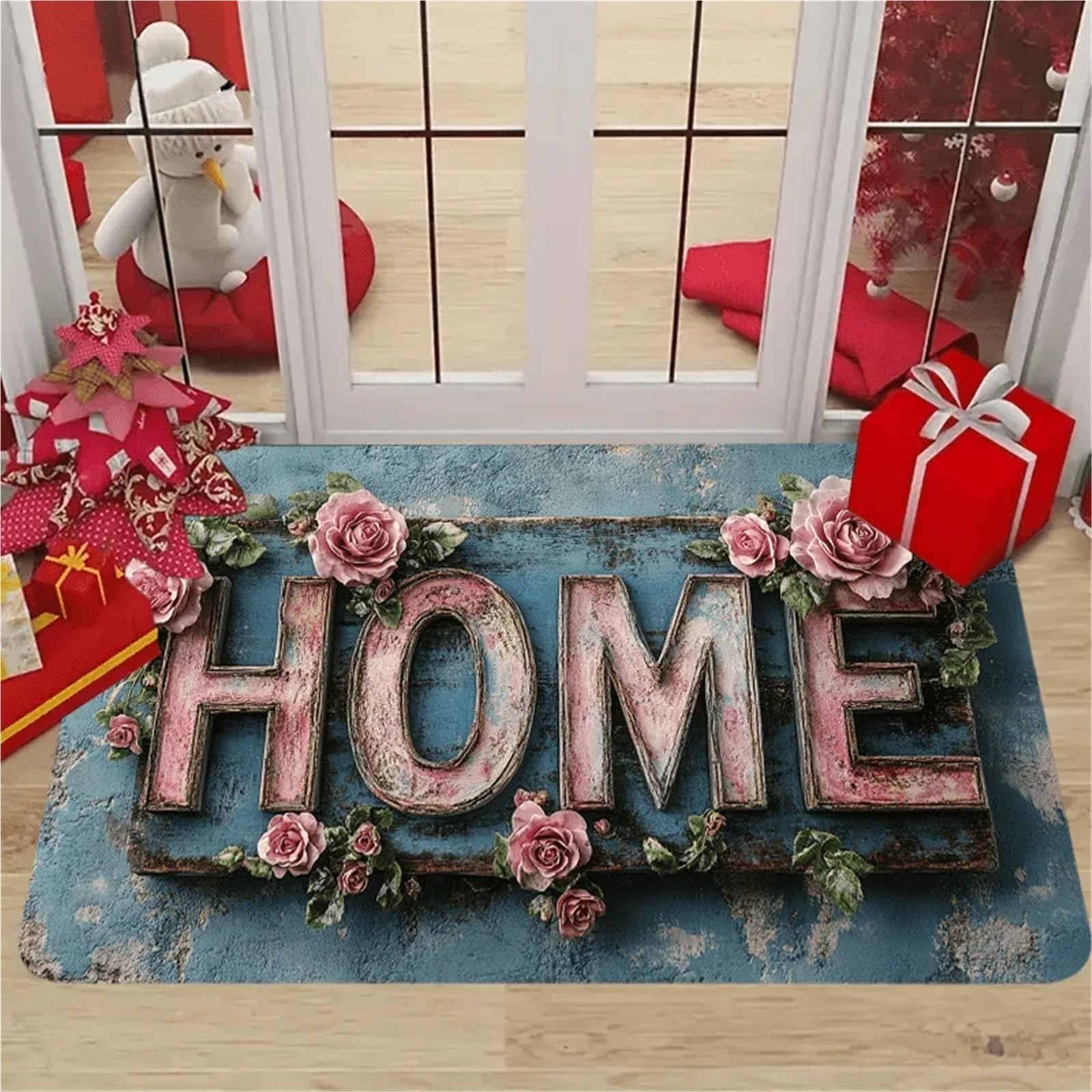 Felpudos Entrada Casa Felpudo rústico 3D Floral for Puerta de casa, Alfombra Bienvenida romántica con Rosas Rosadas Modernas, decoración navideña Lavable Antideslizante