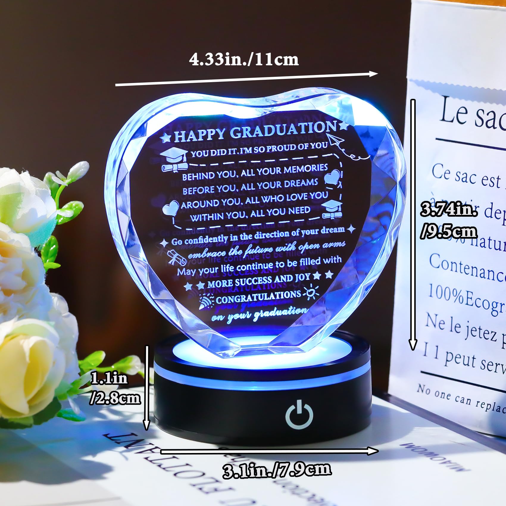 YWHL Geschenk zum Schulabschluss für Sie und Ihn 2024, Glückwunschgeschenk für Damen und Herren, Kristall-Abschluss-Plakette mit bunter LED-Basis, Master-Abschluss-Geschenk