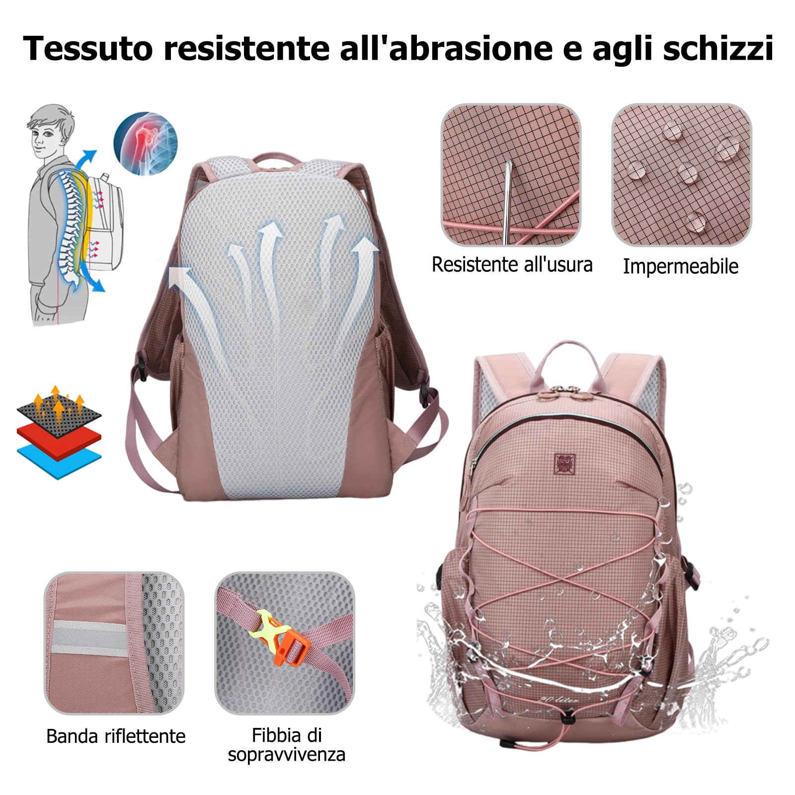 Zaino Outdoor Leggero 25L Zaino di Giorno in Nylon Impermeabile Zaini Traspirante con Scomparto per Idratazione per Escursionismo Viaggi Uso Quotidiano Nero