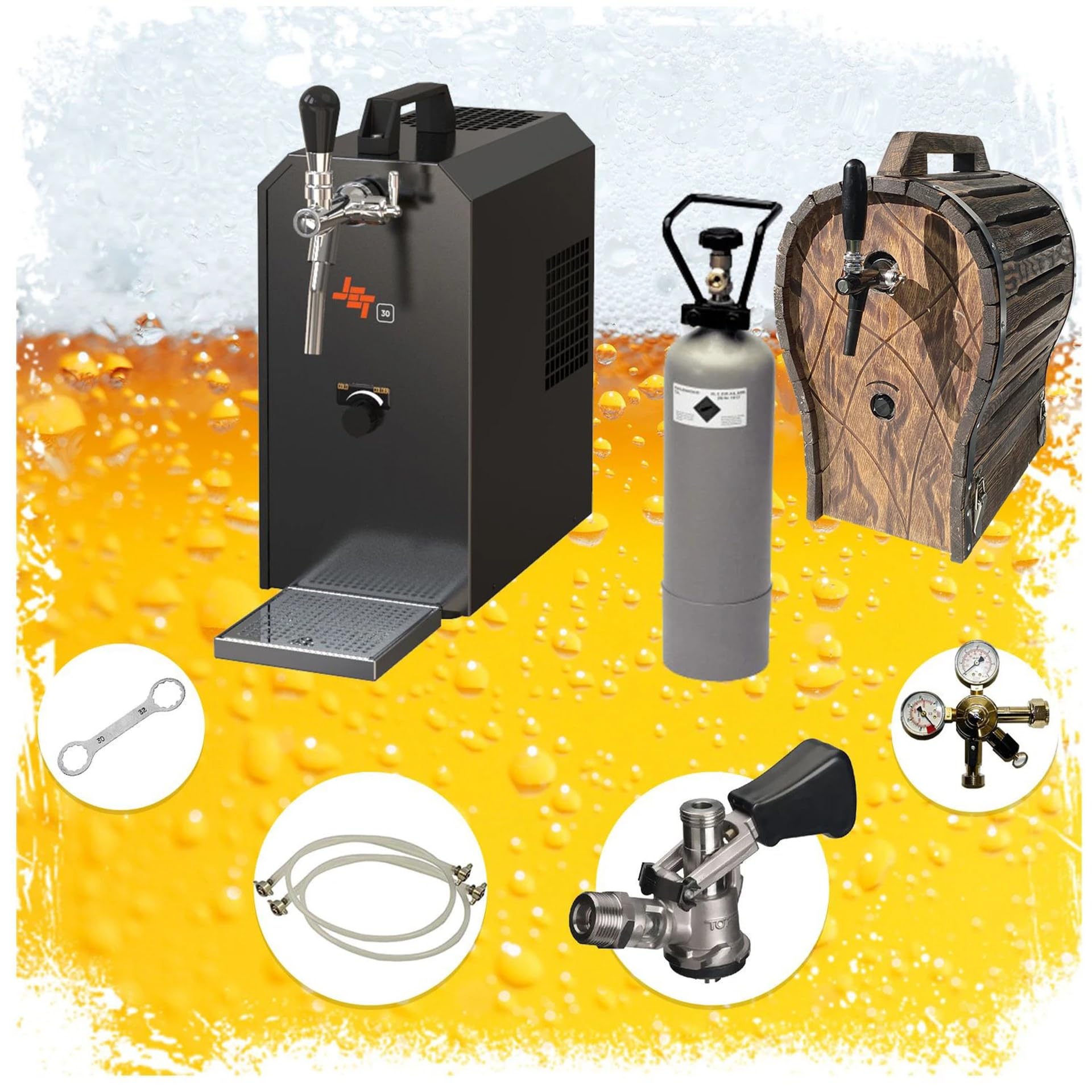 Kit Completo Sistema dispensación Cerveza Jet 30, maletín Enfriador Flujo Continuo 1 vía, seco hasta 35 l/h, sin Barril, con Madera