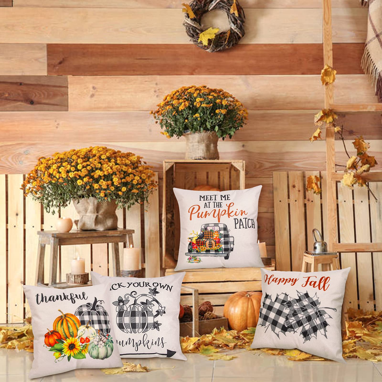 Ouddy Thanksgiving Pillow Covers 18x18, Set of 4 Fall Decor Farmhouse