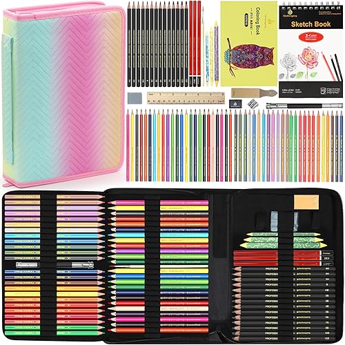 78pcs Drawing Kit Sketching Set Art Supplies with 3-Color Sketchbook Colorful Portable Case Colored Graphite Charcoal Watercolor Mettallic Pencil sketch draw gift set for Artist Adult Beginner