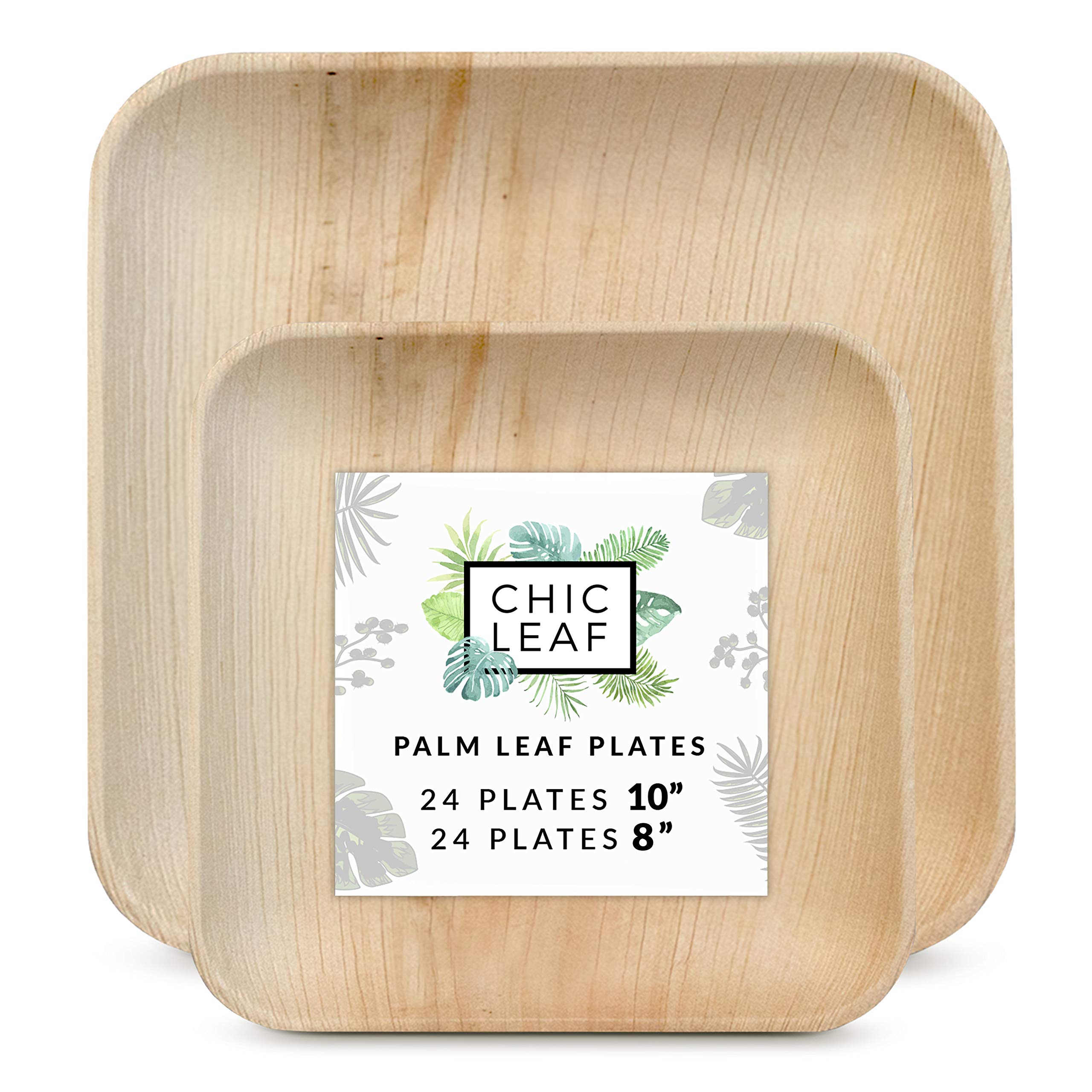 Chic Leaf100% Compostable Palm Leaf Plates Disposable Bamboo Plates 10 inch & 8 inch Square 48 Count | Party Plates for Weddings and Events | Better than Plastic or Paper