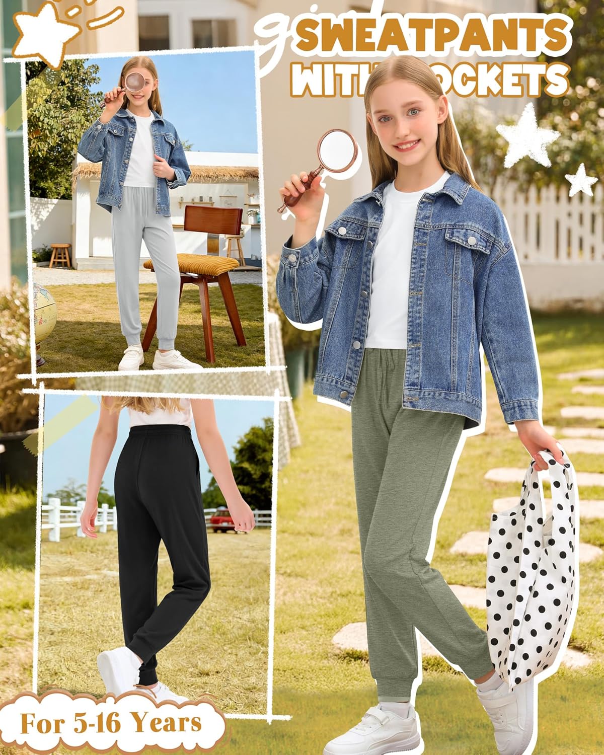 3 Pack Girls Jogger Sweatpants Soft Athletic Sweat Pants for Kids Youth with Pocket Drawstring Years 5-16