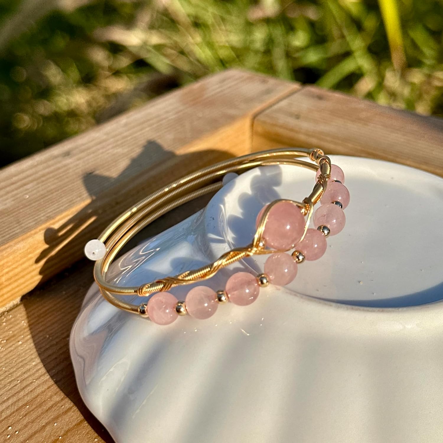 Handmade Genuine Rose Quartz Beads Double Layered 14k Gold Filled Wire Wrapped Bracelet, Birthstone Chakra Healing Gemstone Crystal Adjustable Bangle Cuff Jewelry Gift for Women - Image 2