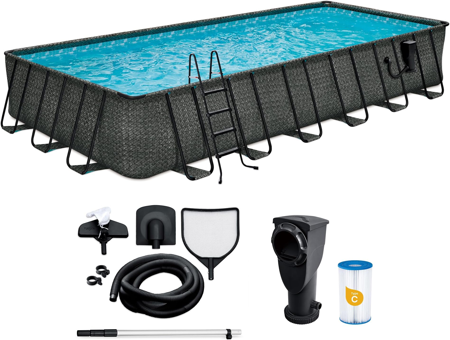Funsicle Oasis Designer Lap 24' x 12'x 52" Rectangular Above Ground Swimming Pool, with FiltraBoost 1200 GPH Filter Pump, Ladder, Maintenance Kit, Cover, Ground Cloth & Repair Patch, Dark Herringbone