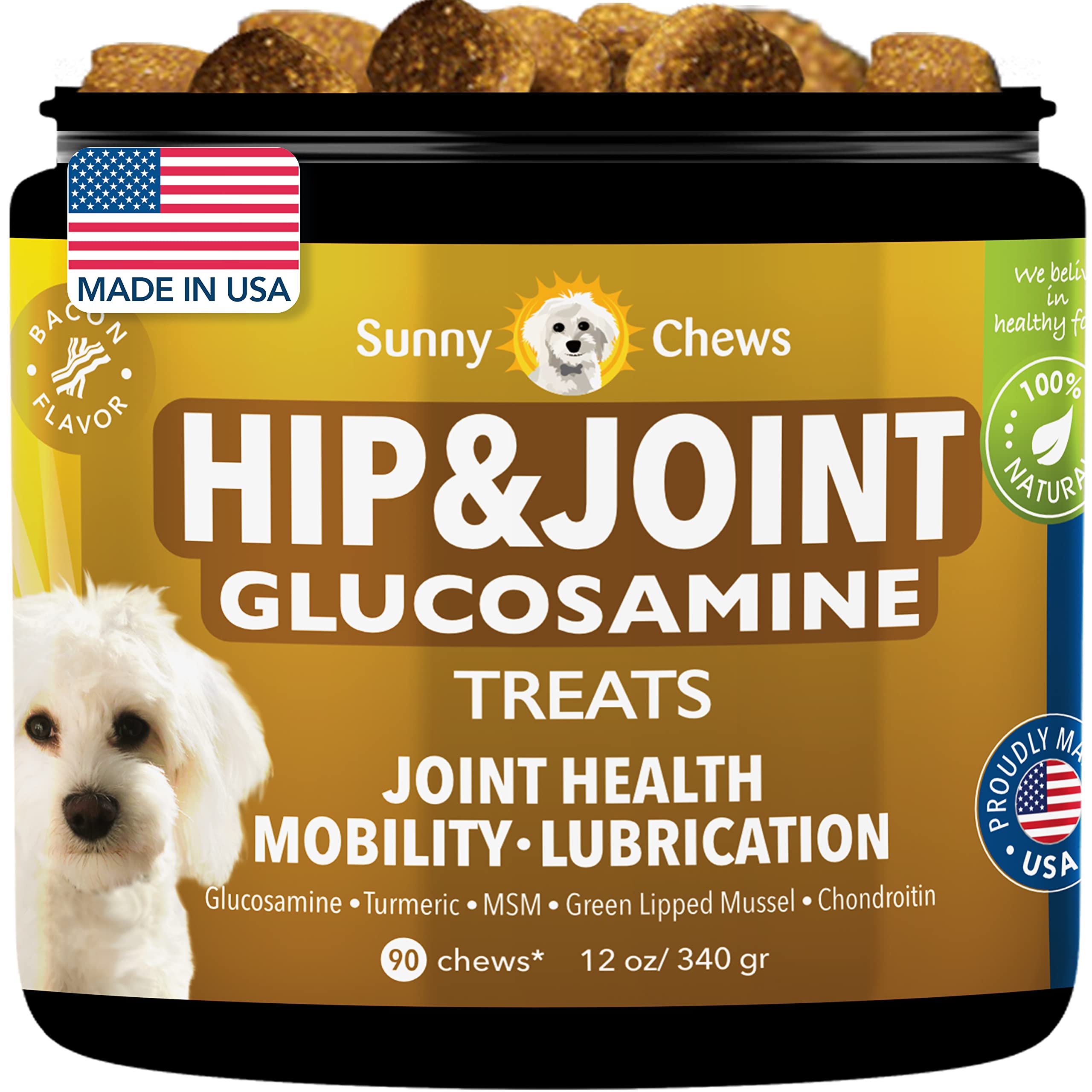 Hip and Joint Chews for Dogs| Help Relieve Pain, Alleviate Joint Stiffness, with MSM Glucosamine Chondroitin for Dogs| Dog Joint Supplement with Bacon| Mobility Bites for Dogs, 90Chews 12oz