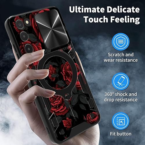 Vista 368 de Funda para Samsung Galaxy A13 5G con cubierta deslizante para lente de cámara y anillo giratorio de 360 grados, soporte híbrido de doble capa Flores