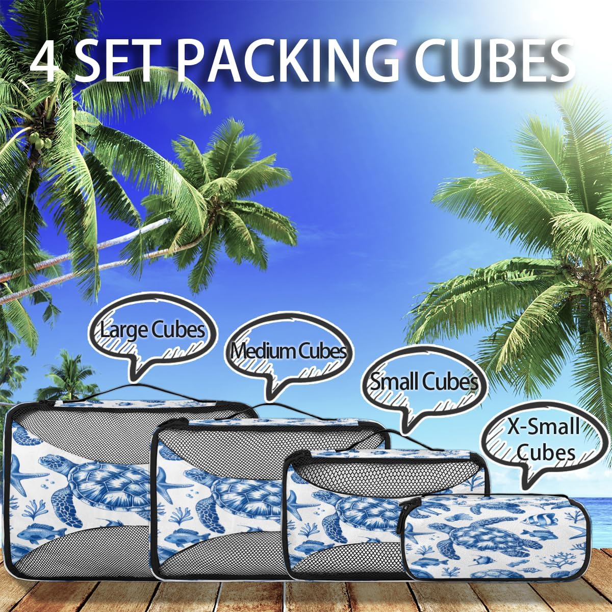 Sea Turtle Coral Fish Pattern 4 Set Packing Cubes Packing Cubes for Women Lightweight Travel Essential Bag Clothes Carry on Suitcase Bags for Accessories Essentials