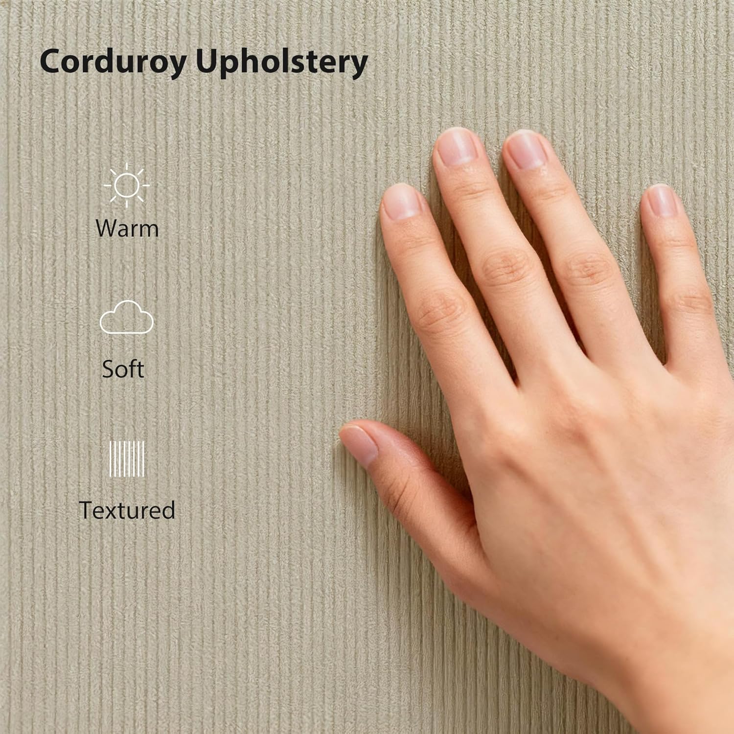 Close-up of corduroy upholstery with text indicating it is warm, soft, and textured