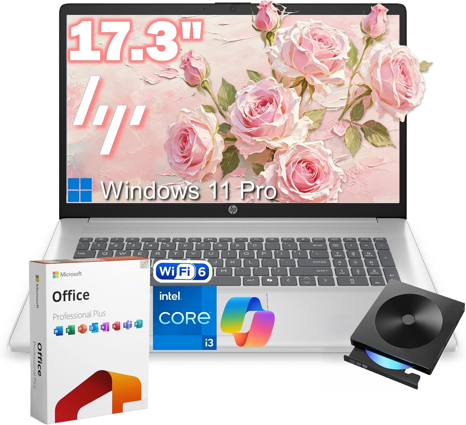 HP 17.3" Laptop Computer, Intel 13th 8-Cores i3-N305 Processor, 32GB RAM, 1TB PCI-E SSD, Windows 11 Pro, Free Lifetime MS Office • Copilot AI, 10-Key Number Pad, External DVD Drive, Natural Silver