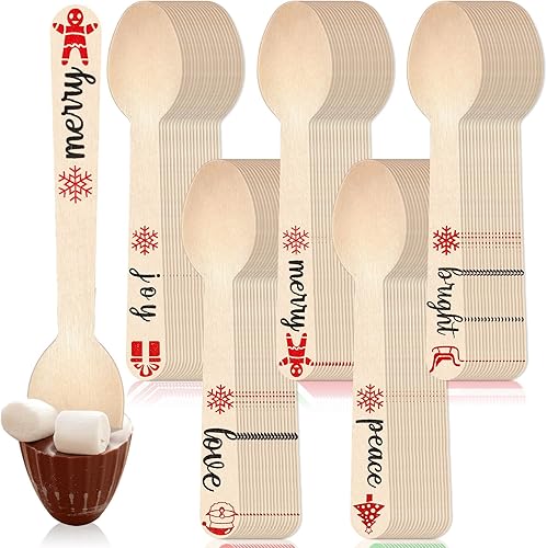 Miniatura 7 de Hoolerry 300 cucharas de madera desechables de Navidad, cucharas de chocolate caliente a rayas, bastón de caramelo a rayas para degustar cacao