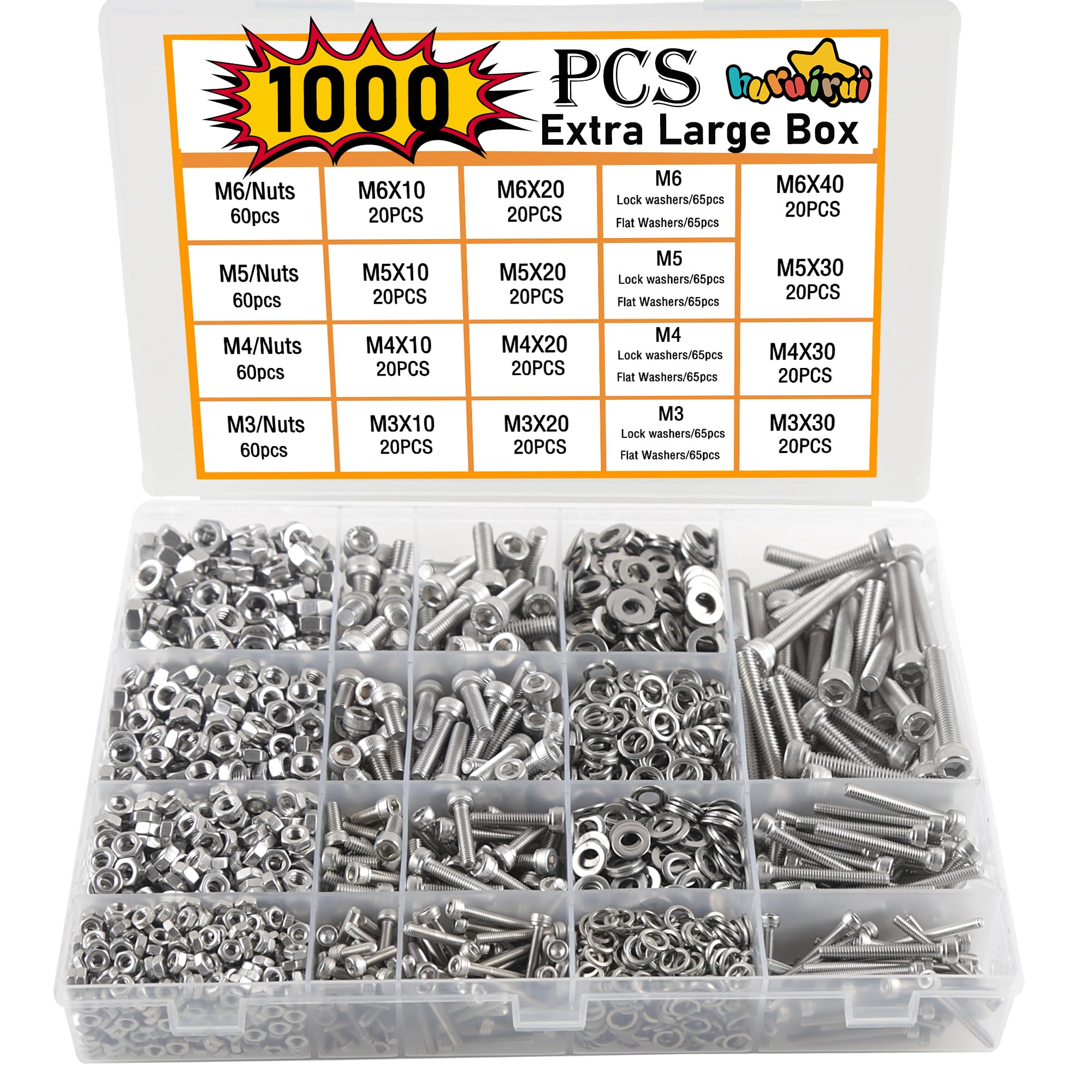 1000pcs M3 M4 M5 M6Jeu de Vis et écrous Vis Boulon et écrous à Six Pans Creux 304 Visserie Inox Assortiment Ecrous et Boulons Rondelles Kit pour Réparation Bricolage Mécanique