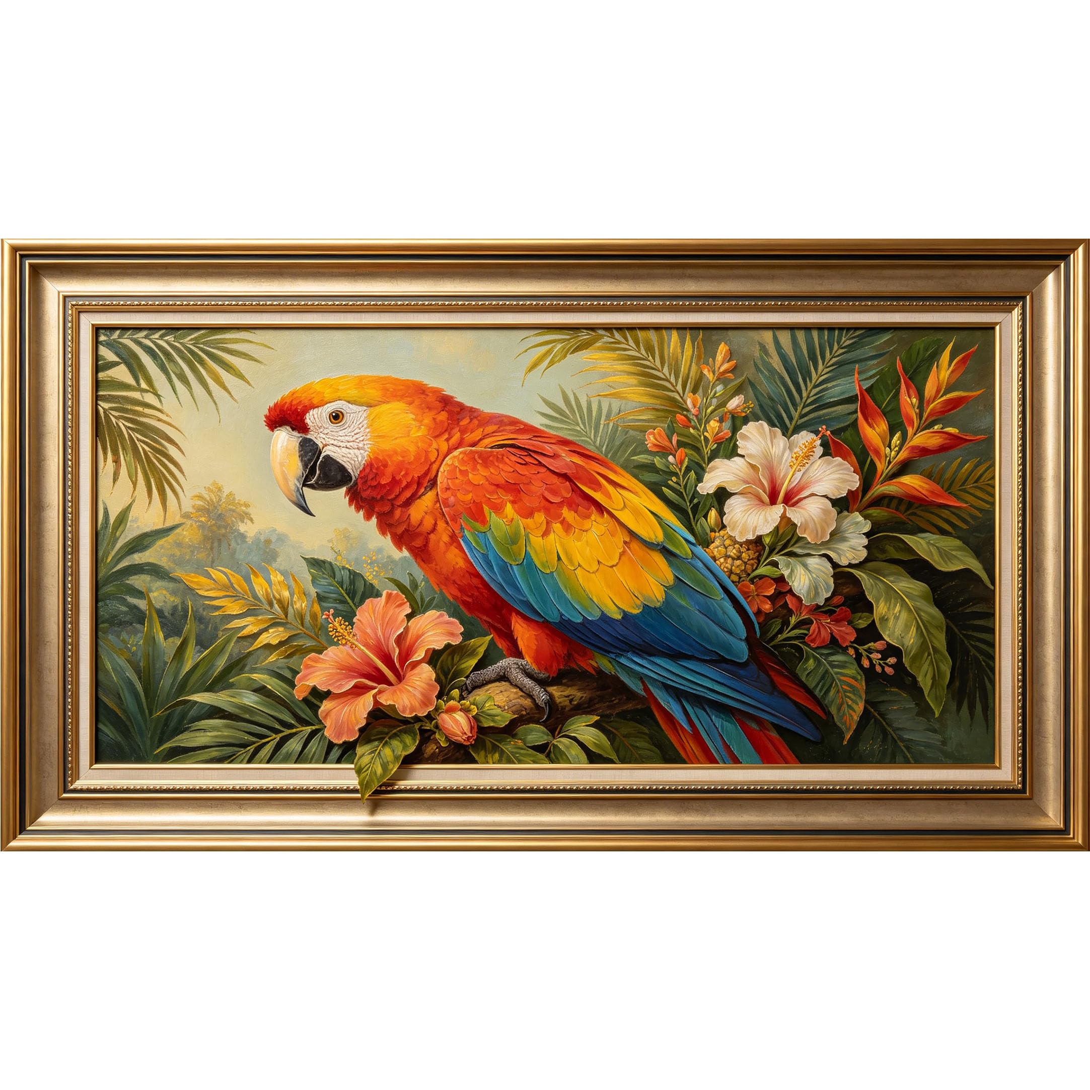 QZLITHOTIC 50x90cm3D Framed Wall Art， Tropical Parrot and Hibiscus Jungle Self‑Adhesive Mural， Water‑Activated Peel & Stick Fabric Decor Wall Decal for Bedroom Living Room