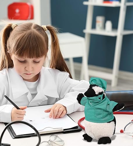 Miniatura 7 de DolliBu Juguete de peluche de médico de pingüino africano, disfraz de pingüino súper suave con bonito uniforme médico y traje de gorra, regalo con