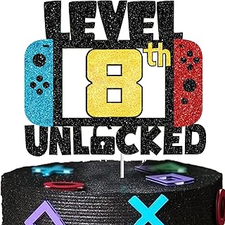 8 LEVEL UNLOCKED Birthday Cake Topper - 8th Happy Birthday Gamepad Cake Topper - Video Game Kids Boy Girl Bday Party Decorations Supplies - Handmade black gold red blue Glitter