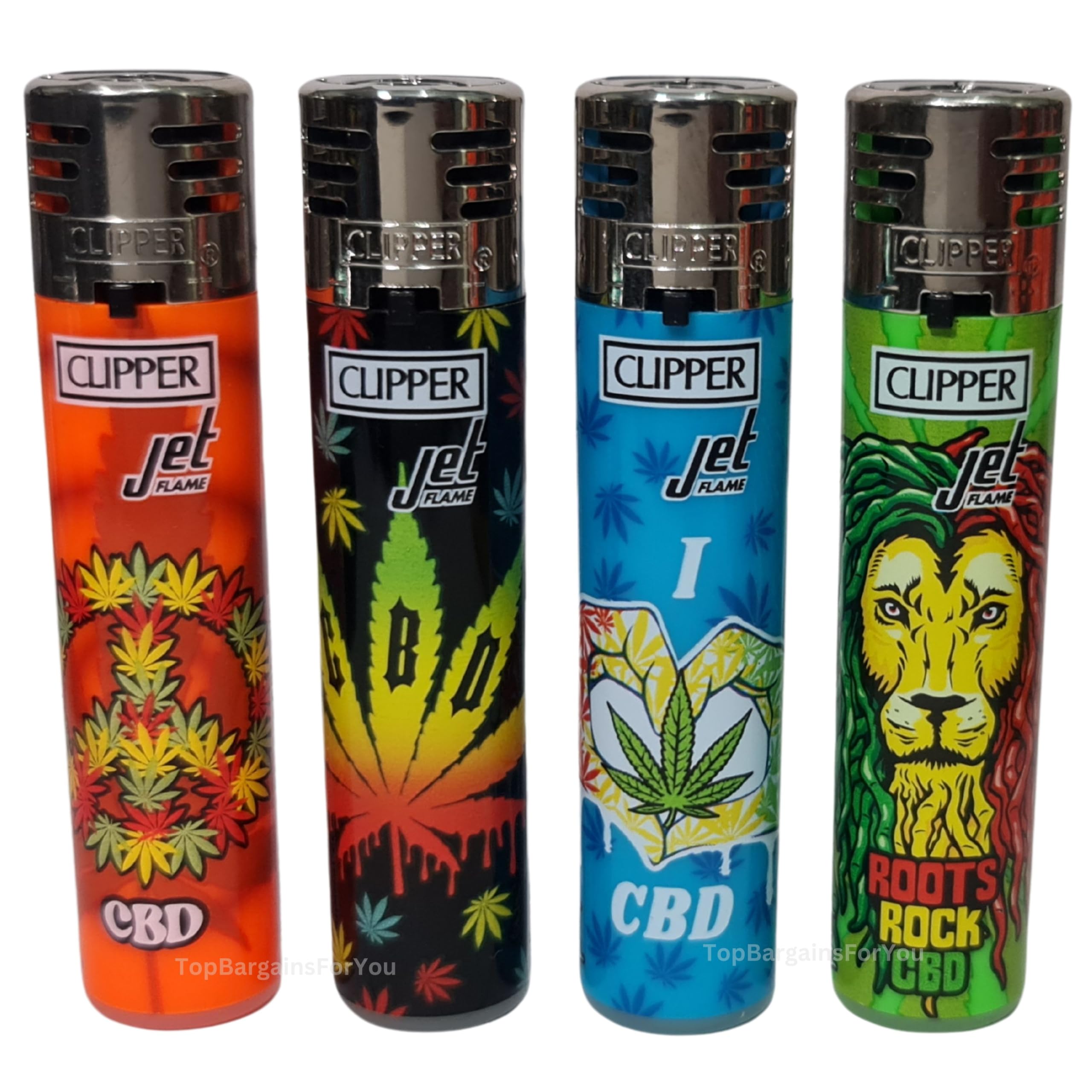 Zactly - 4 x Clipper Lighters Round Jet Black Silver Top Windproof Refillable (Reggae)