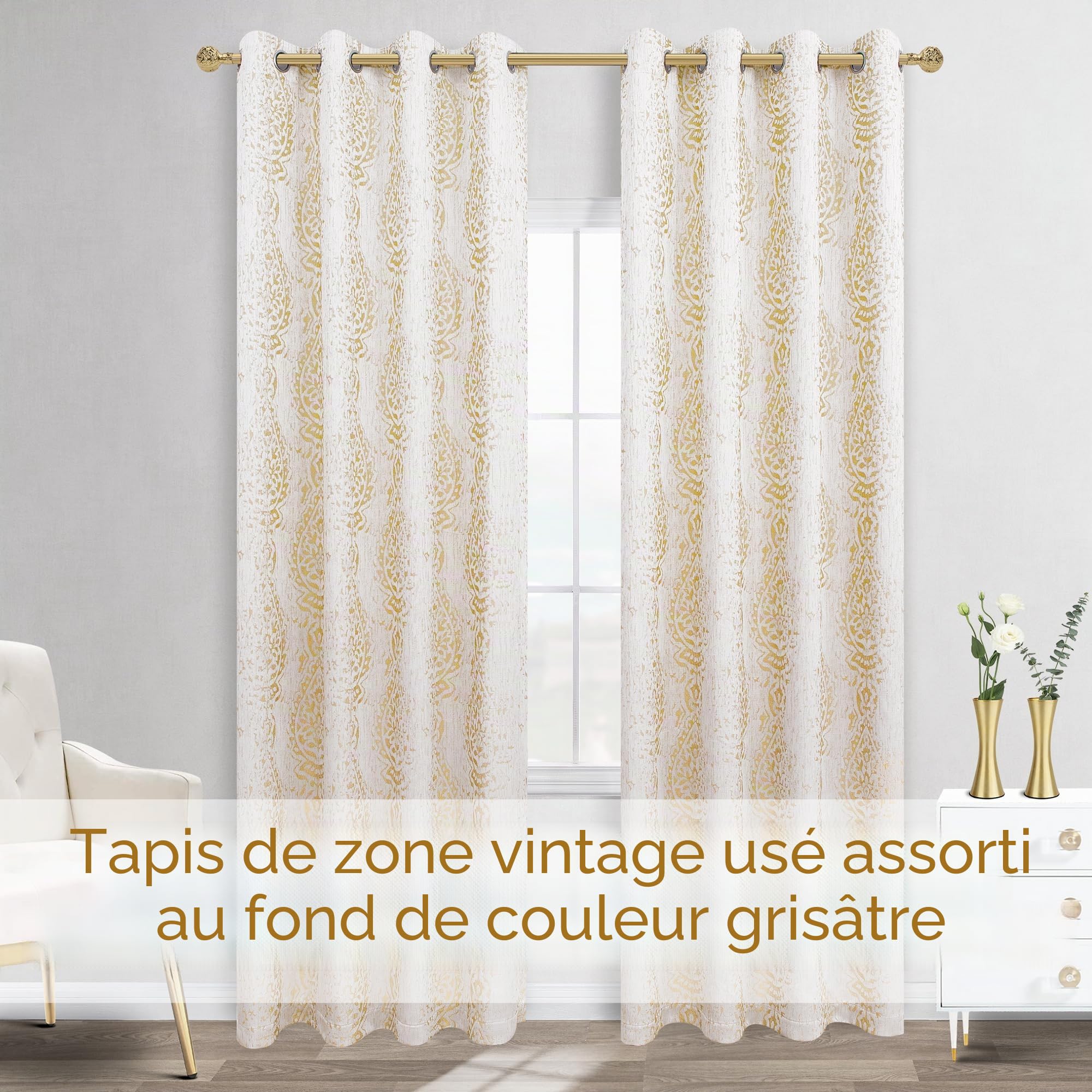 Lot de 2 Rideaux Extra Longs à Motif Mandala damassé filtrant la lumière dorée et grisâtre Blanc crème pour Salon 132 x 243 cm