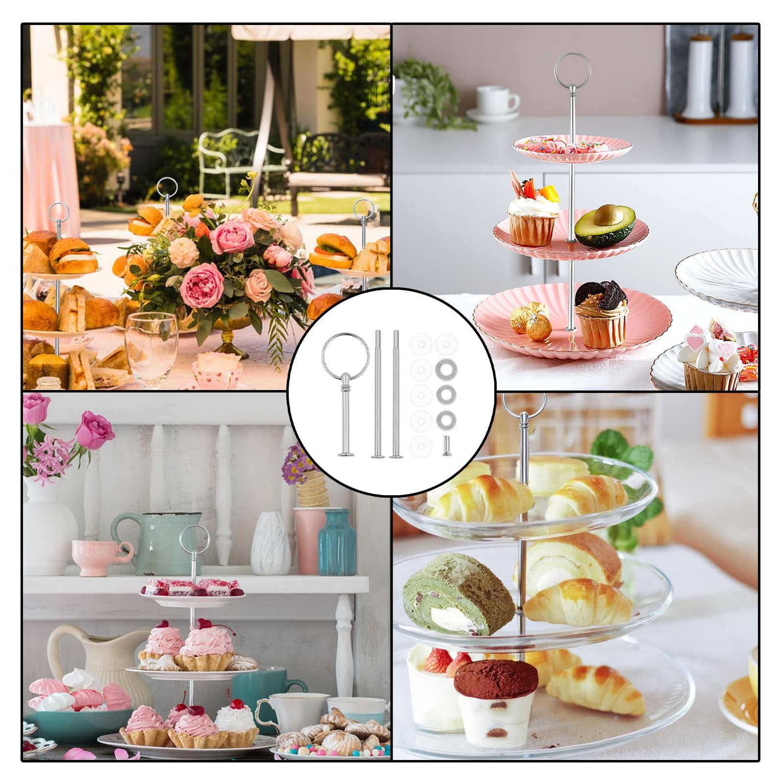 Etageren Stangen Set, 6 Stück Silbrig Metallstangen für Etagere, Cakepopständer 3 Etagen, Etagere mit Schrauben und Unterlegscheiben, Etagere 3 Etagen, Wiederverwendbar, für Obsttablett