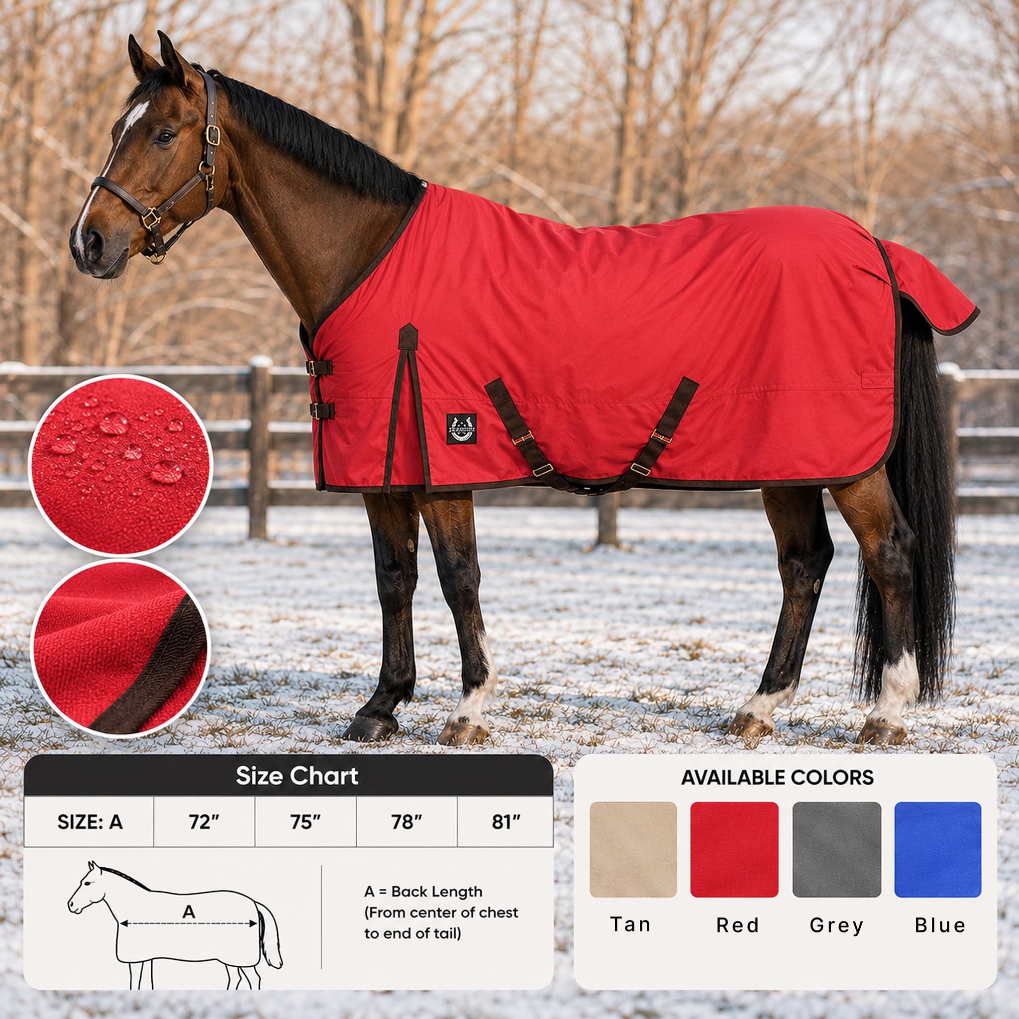 Manta de invierno Ripstop de 600 denier con relleno de poliéster de 250 g/m² (100% impermeable/transpirable/a prueba de nieve) – Manta de invierno pesada de caballo (rojo con ribete negro), tamaño 72
