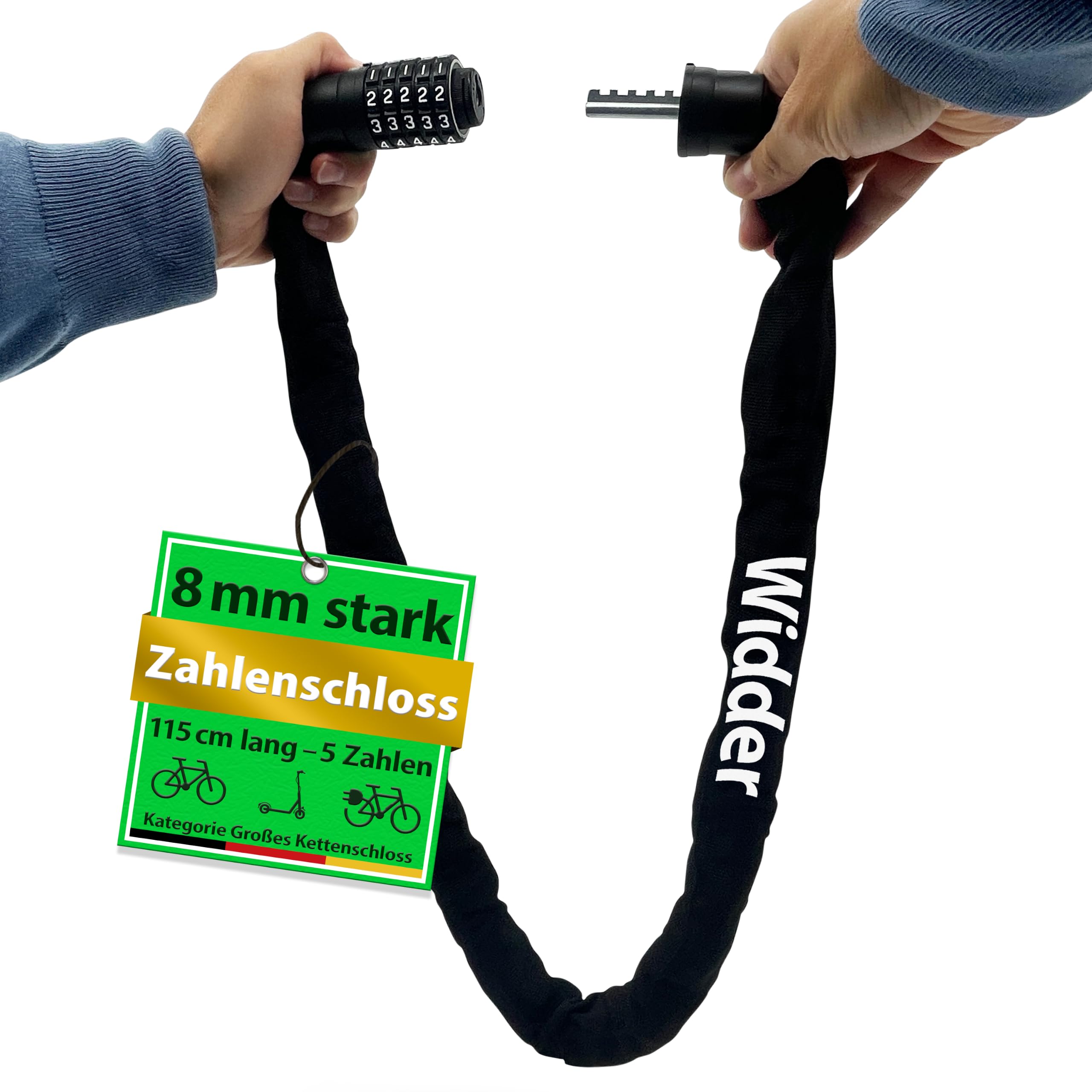 WIDDER Antivol à chaîne sécurisé de 8 mm avec code numérique (120 cm de long, roues à chiffres extra larges, chaîne en acier trempé) – Antivol pour vélo à chiffres haute sécurité – Antivol à