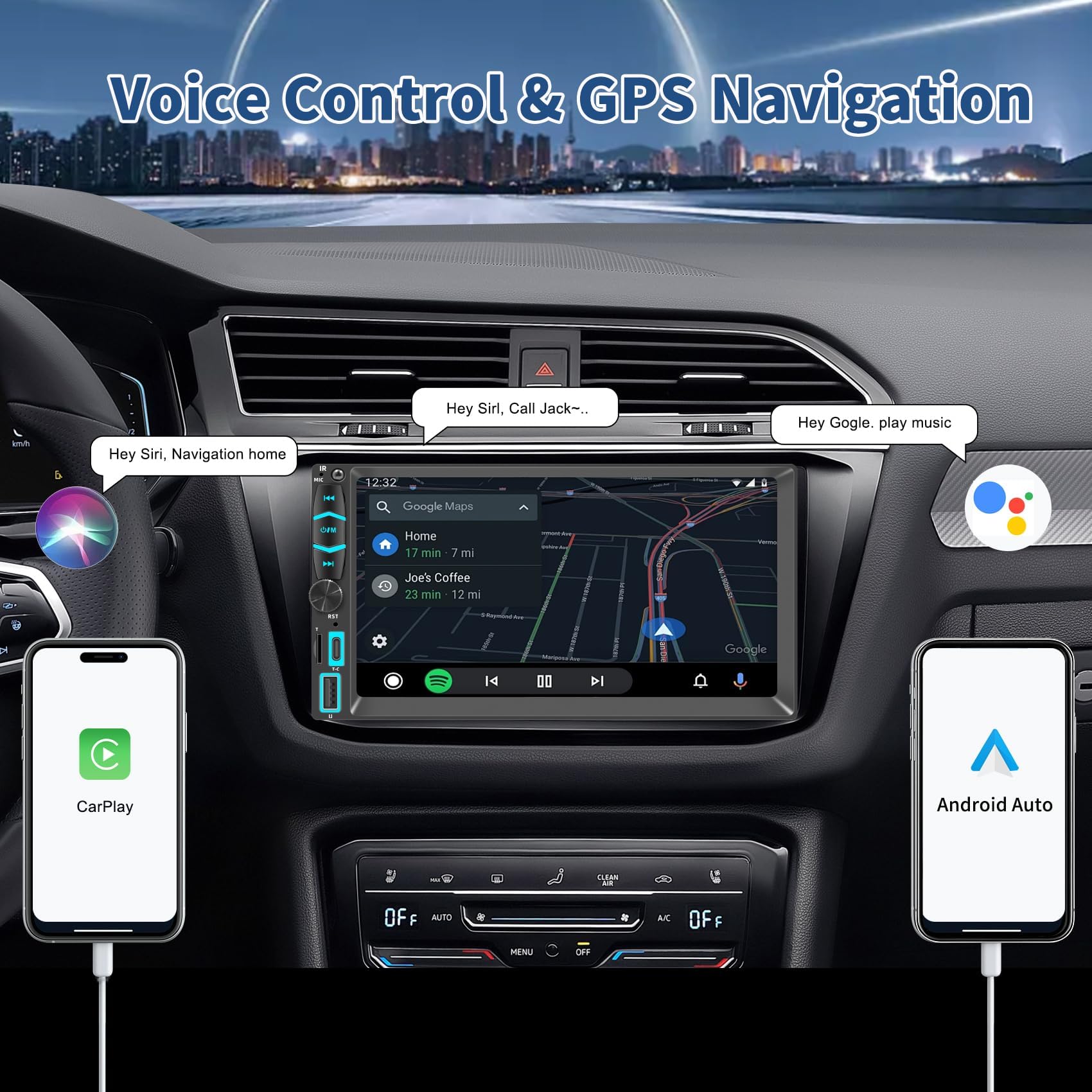 Autoradio 2 Din Carplay et Android Auto sans Fil, 7 Pouces IPS Écran Tactile, Poste Radio avec Caméra de Recul, Bluetooth, Miroir Link, FM/AM/RDS, SWC, USB, Type-C, Navigation GPS, Contrôle Vocal