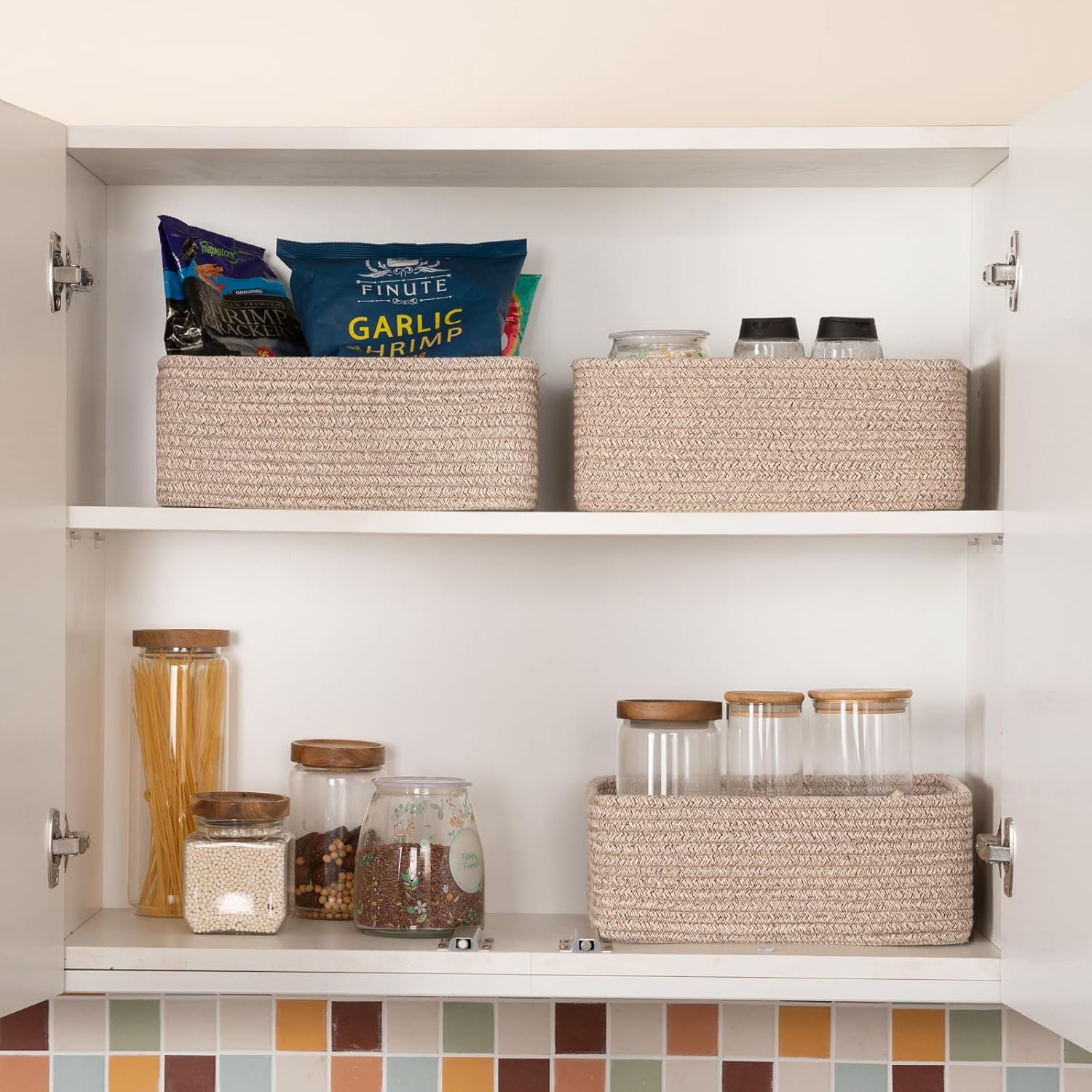 3 Pack Small Storage Baskets for Organizing, Cute Woven Decorative Gift Baskets for Shelves, Mini Closet Organizer Bins with Handles-13''Lx8.66''Wx5.11''H-Brown - Image 6