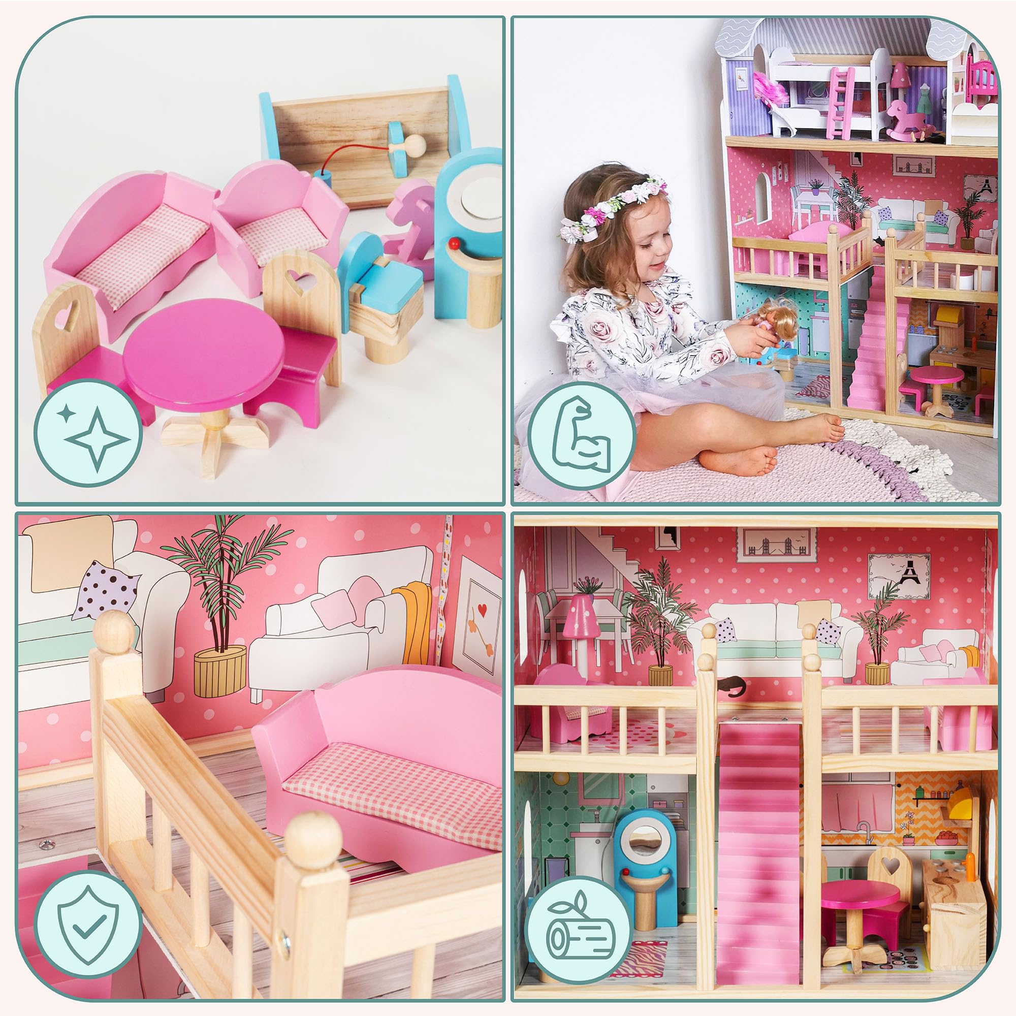 mamabrum Casa delle Bambole in Legno XXL – 3 Piani con LED e Mobili Inclusi – Casa Bambole 90x60x30 cm – Design Pastello Sicuro ed Educativo – Giocattolo per Bambine dai 3 Anni