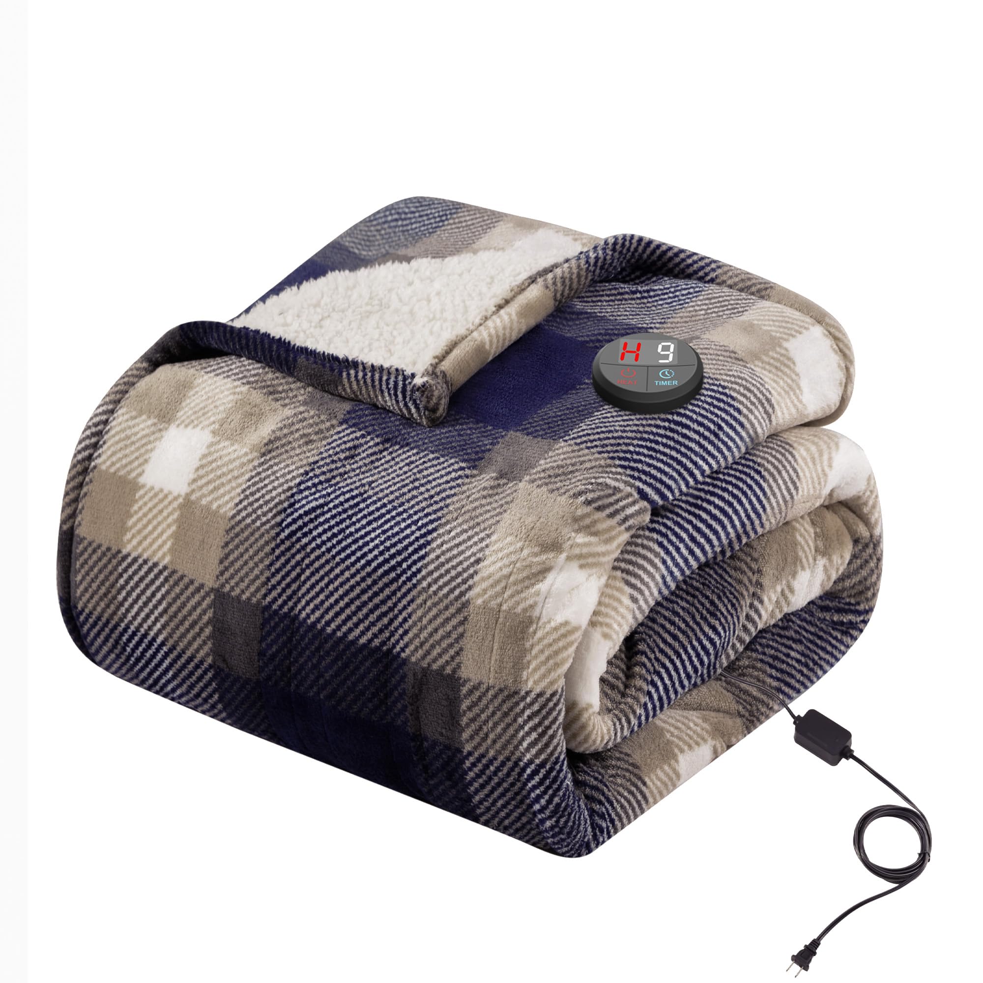 GOTCOZY Heated Blanket Electric Throw 50''X60''- Electric Throw Blanket with One Touch Button 10 Heating Level & 9 Time Settings Heating Blanket, Machine Washable (Check Navy)