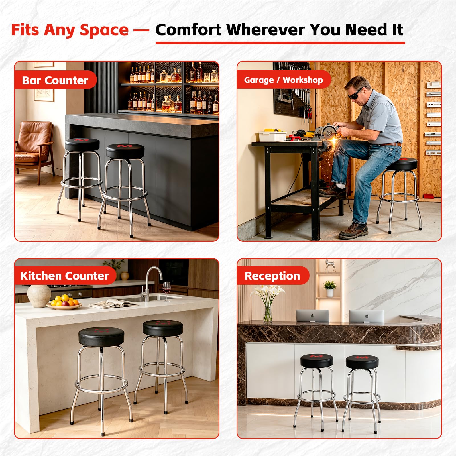MaxWorks 51090 Taburete de Bar Giratorio, Asiento Acolchado con Patas cromadas, Negro, Capacidad de 300 Libras, 28-1/4 Pulgadas de Alto, Superficie de 14-1/2 Pulgadas de diámetro, Ideal para Garaje