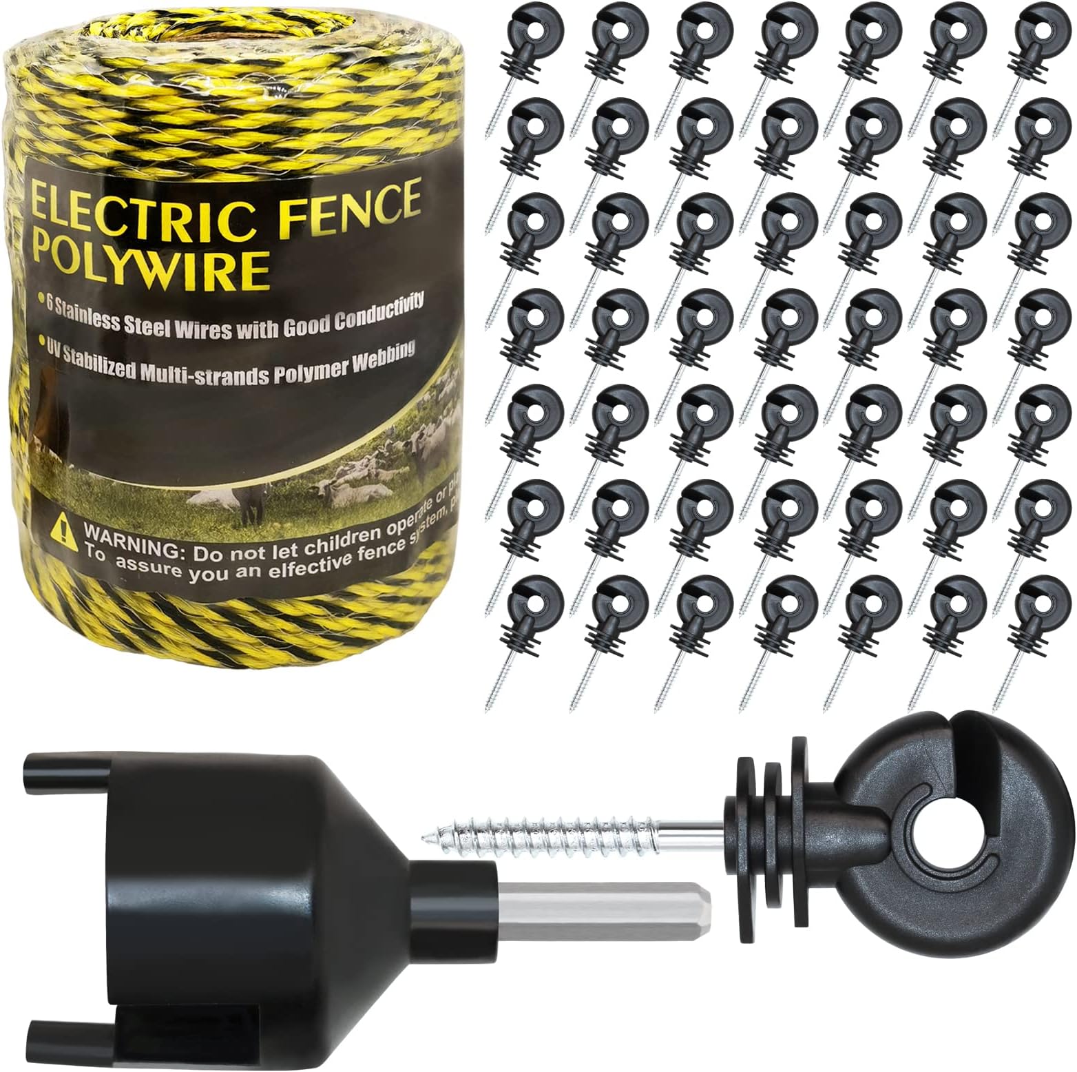 Upgraded Electric Fence Poly Wire 330 Feet 100 Meters 1/8" Dia Portable Electric Fencing Polywires and 50 Pcs Black Electric Fence Insulator