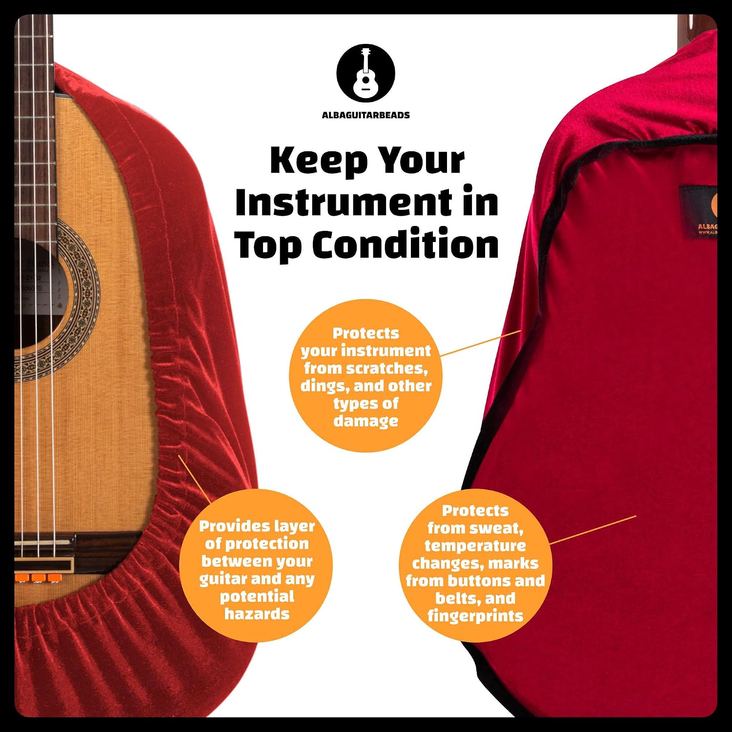 Alba Guitar Dust Cover - Red Protective wrapper for classical guitars, dust velvet cover for acoustic guitars and electric guitars