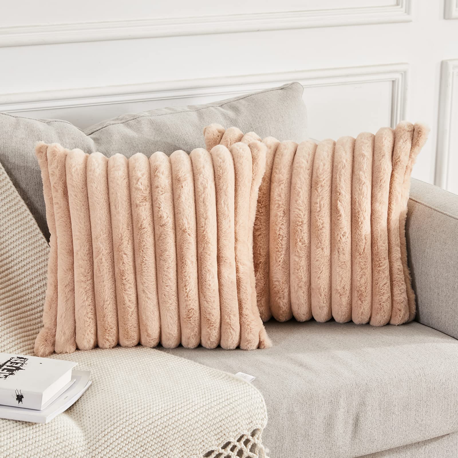 Joyouth Pack of 2,Double-Sided Faux Fur Plush Decorative Throw Pillow Covers Fuzzy Striped Soft Pillowcase Cushion Covers for Sofa Couch Bedroom Khaki 18x18 inch